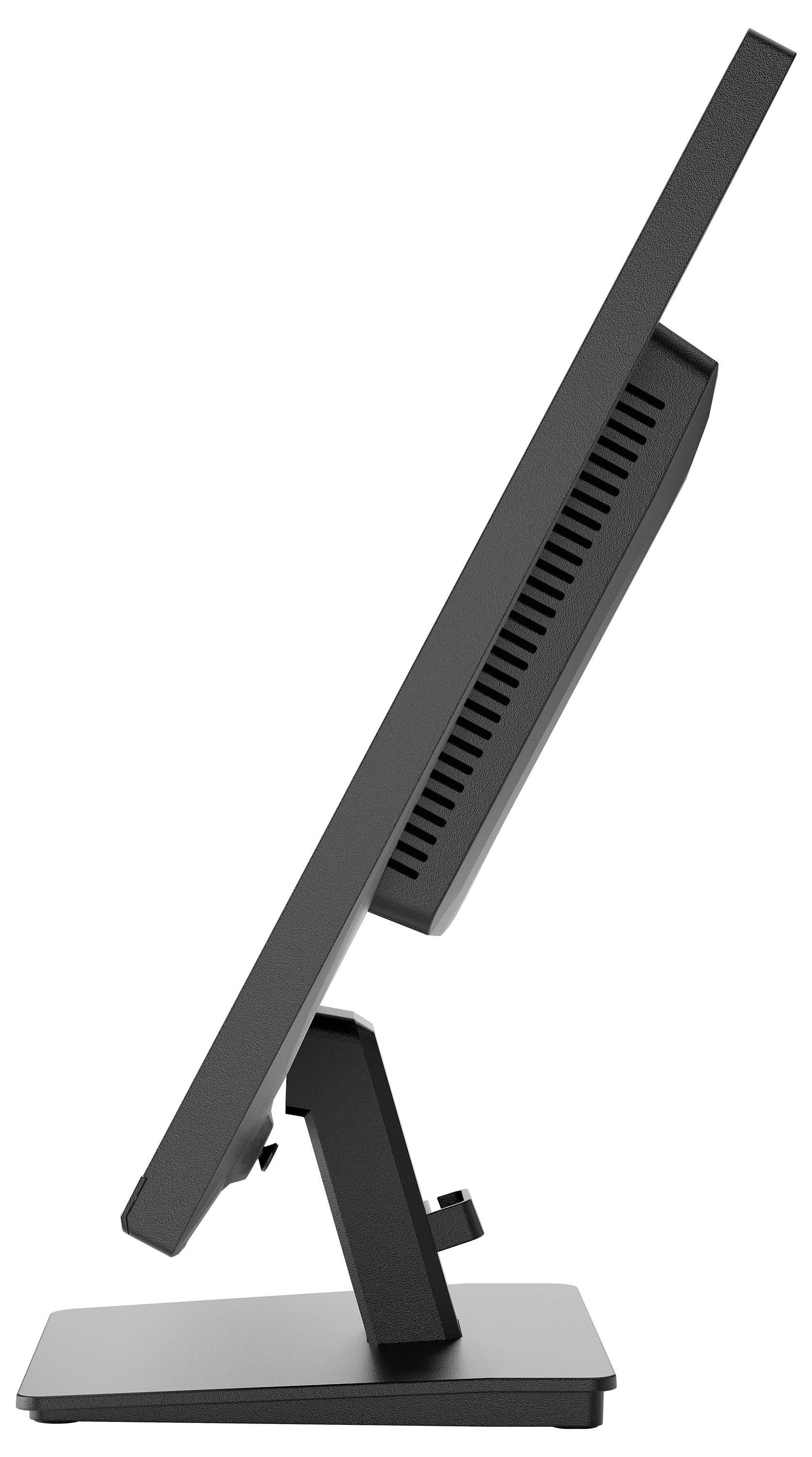 Ein moderner, schlanker Computermonitor von der Seite gezeigt, der sein dünnes Profil und einen verstellbaren Ständer auf einer ebenen Fläche hervorhebt.