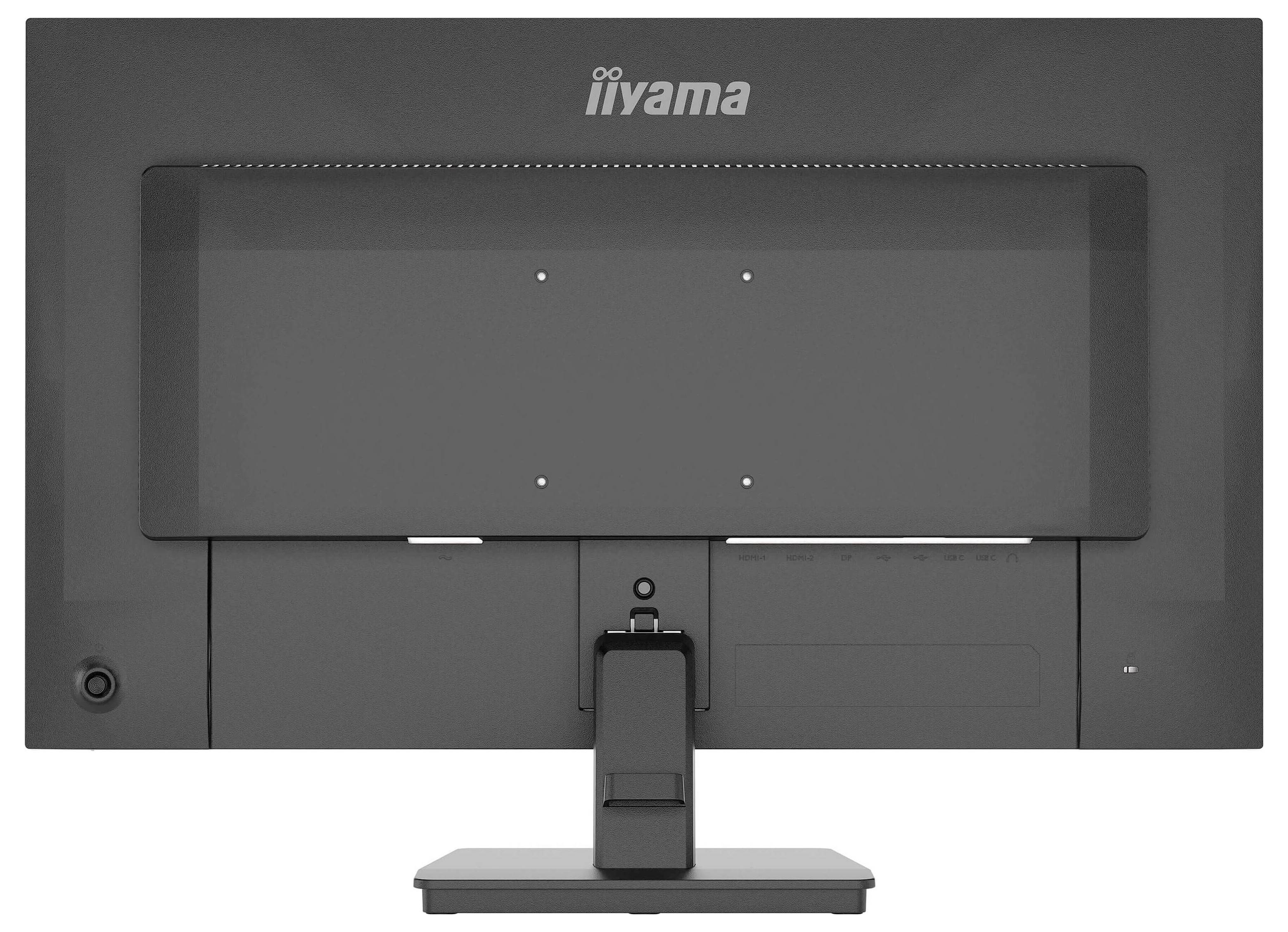 Rückansicht eines grauen Computermonitors mit einer zentralen Montageklammer. Der Monitor hat die Marke „iiyama" oben in der Mitte.