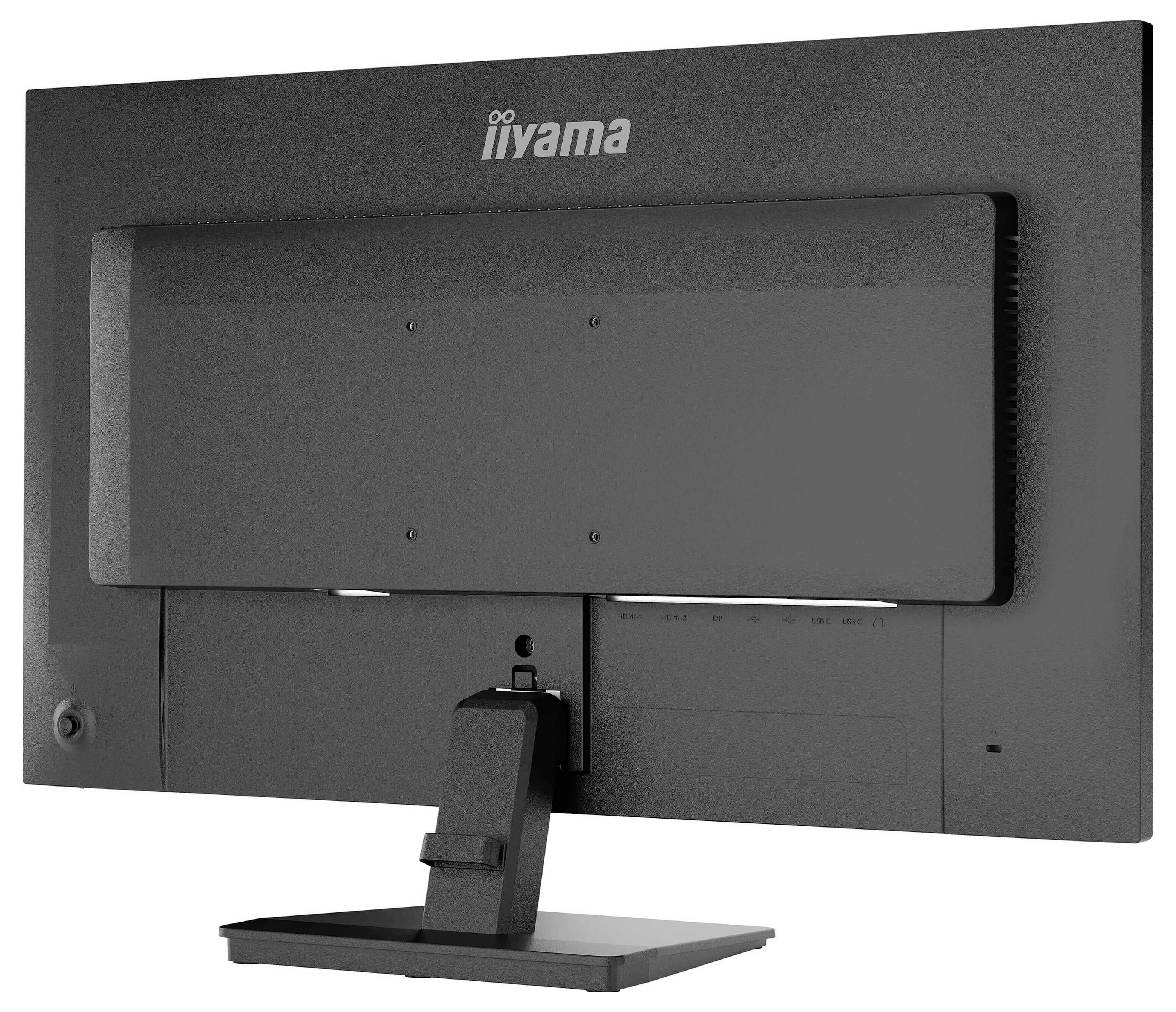 Ein Flachbildschirm von hinten betrachtet mit einem rechteckigen Ständer, mit Lüftungsöffnungen an der oberen Kante und einem Markenlogo in der Mitte.