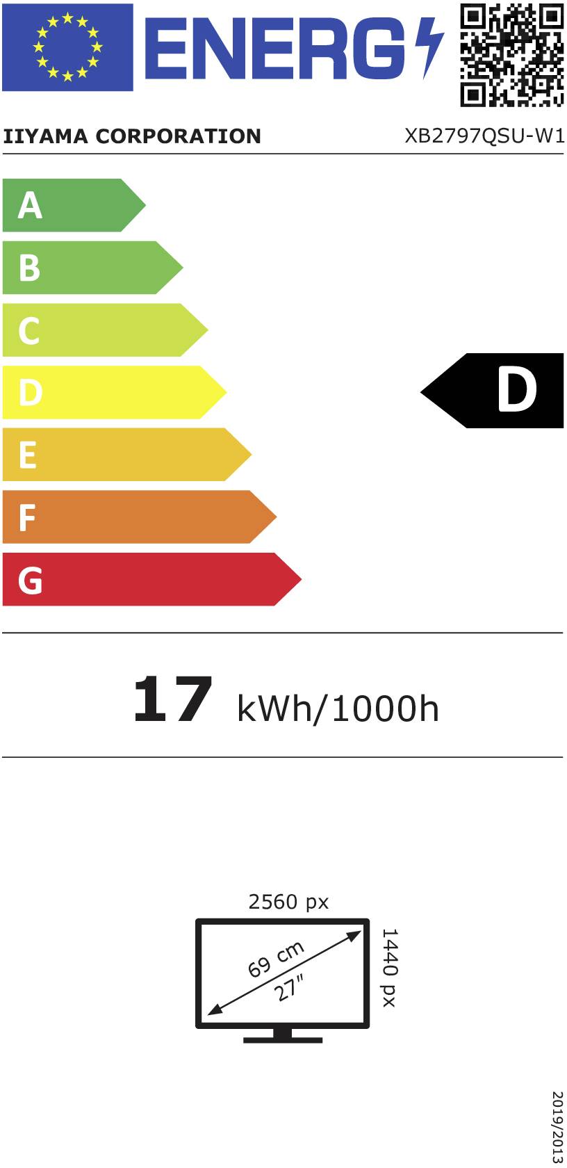 IIYAMA CORPORATION Monitor, Modell XB2797QSU-W1, Energieklasse D, Verbrauch 17 kWh/1000h, Bildschirmgröße 27 Zoll, Auflösung 2560 px.