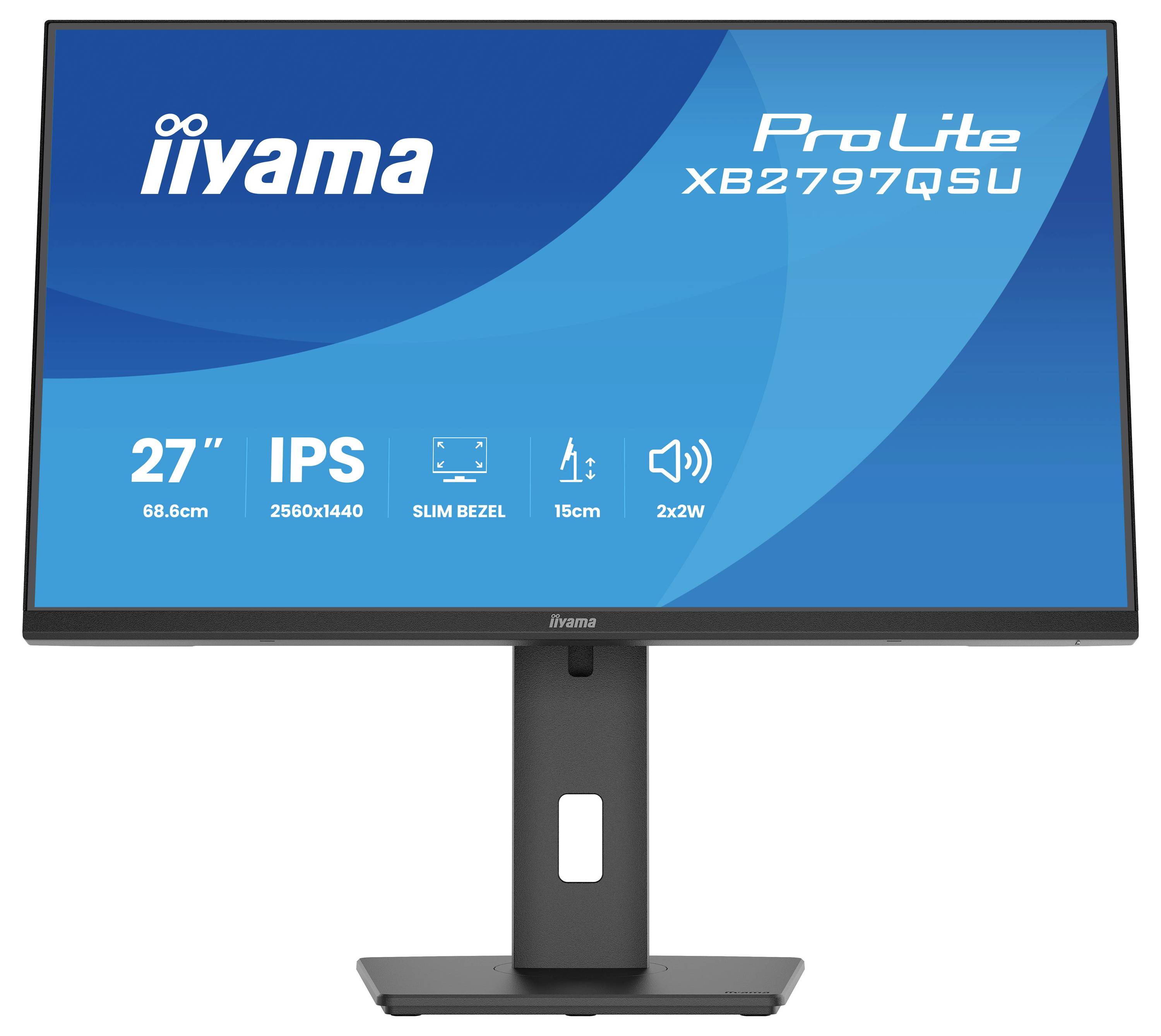 iiyama ProLite XB2797QSU Monitor mit 27-Zoll-IPS-Display, 2560x1440-Auflösung, schmaler Displayrand, höhenverstellbarem Ständer und Lautsprechern.