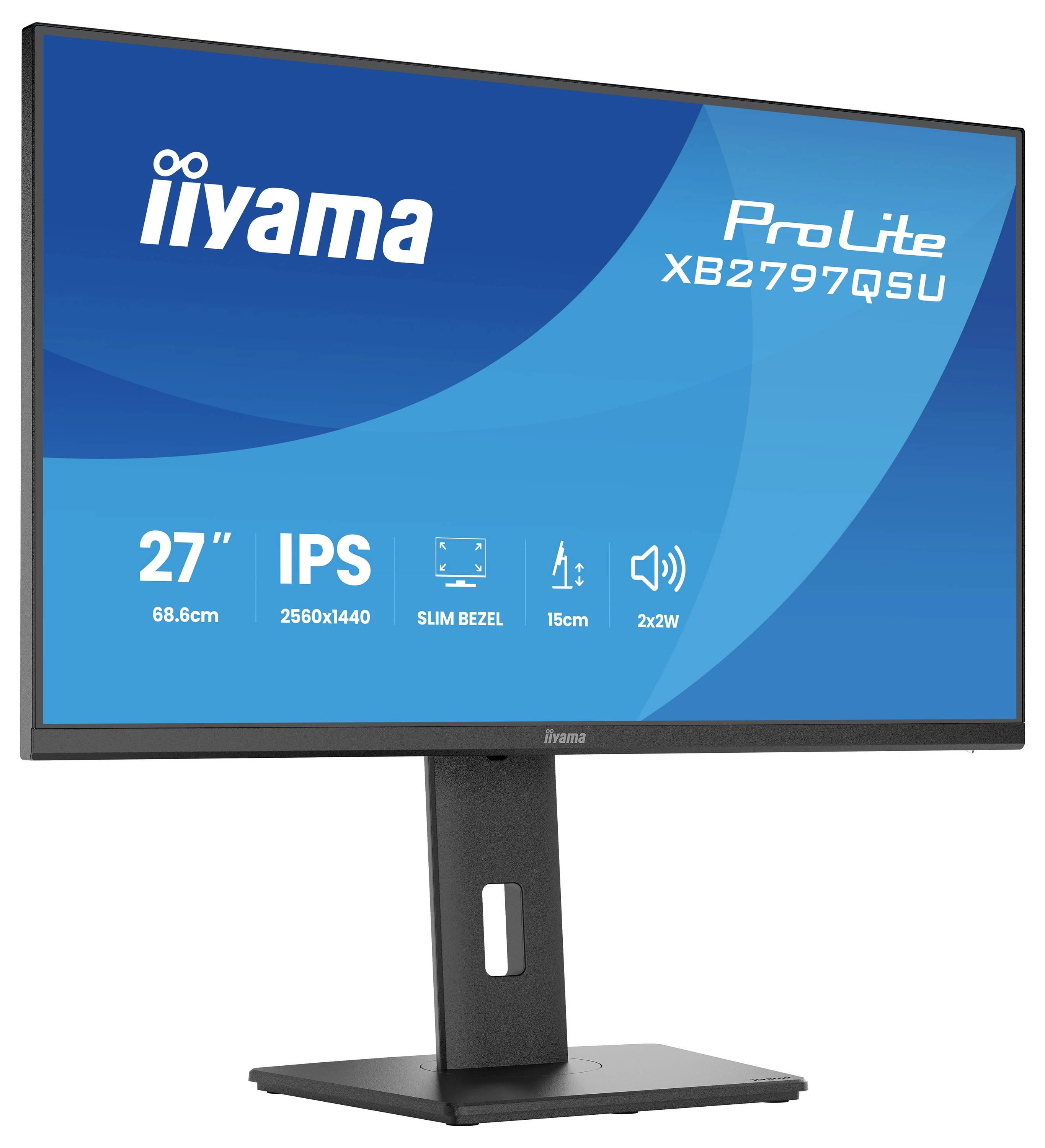Ein Monitor zeigt den iiyama ProLite XB2797QSU mit folgenden Funktionen: 27-Zoll-Bildschirm, IPS-Technologie, 2560x1440-Auflösung, schmaler Rahmen, Höhenverstellung und Lautsprecher.