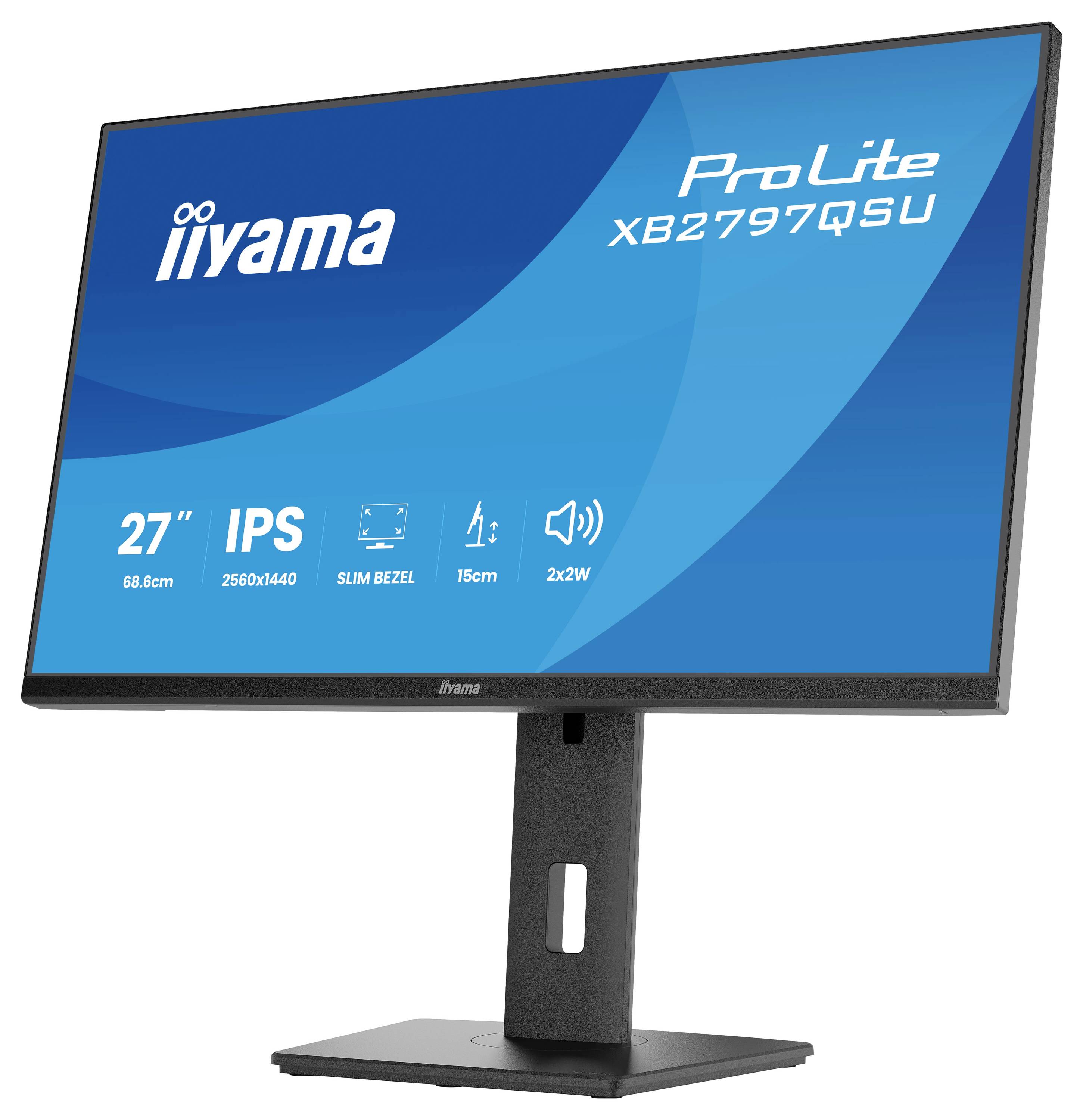 27-Zoll-IPS-Monitor mit 2560x1440-Auflösung, schmalem Rahmen und 2x2W-Lautsprechern; Modell ProLite XB2797QSU von iiyama.