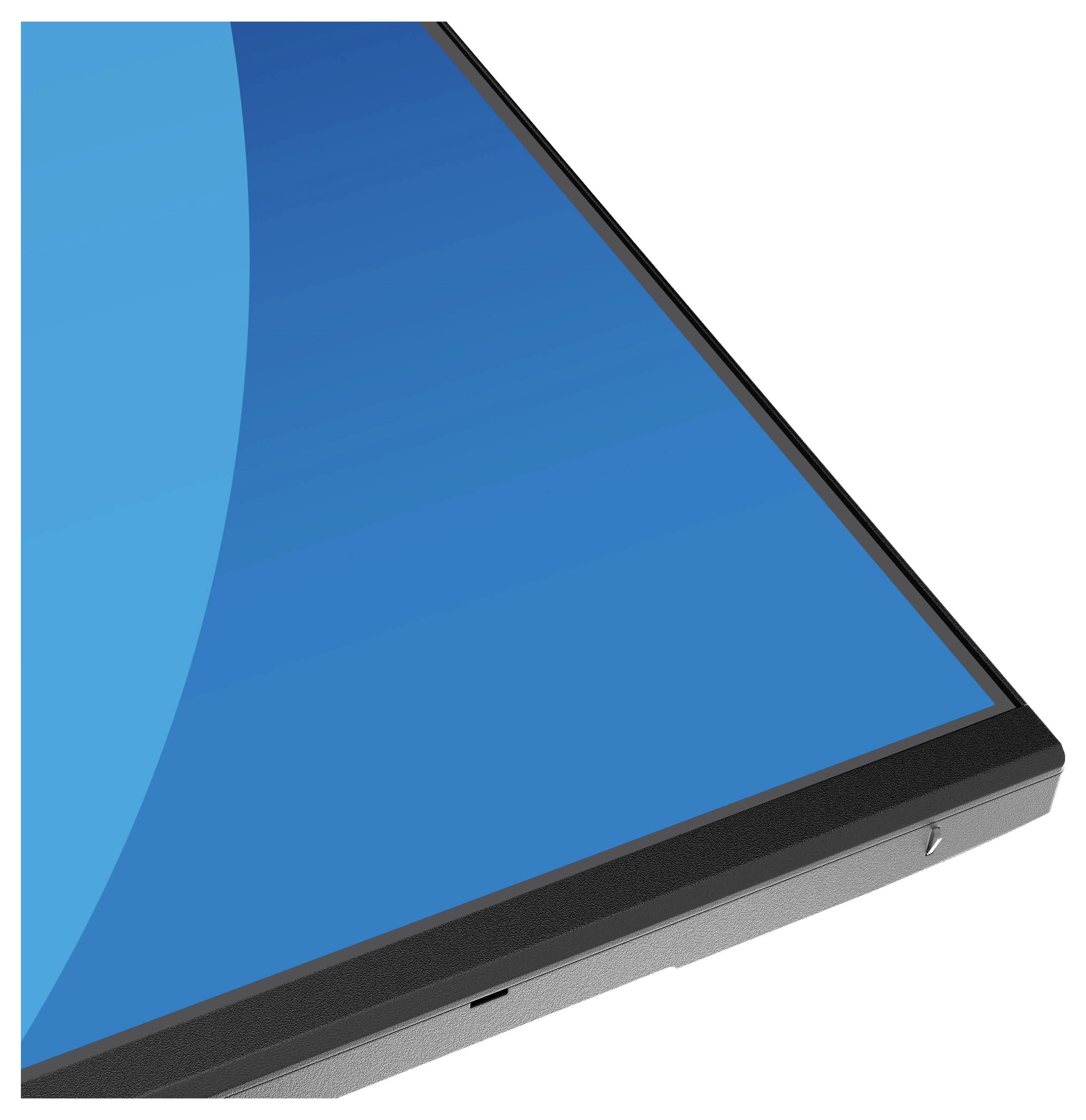 Ecke eines Flachbildschirms mit schmalem Rahmen und blauem Display mit Farbverlauf.