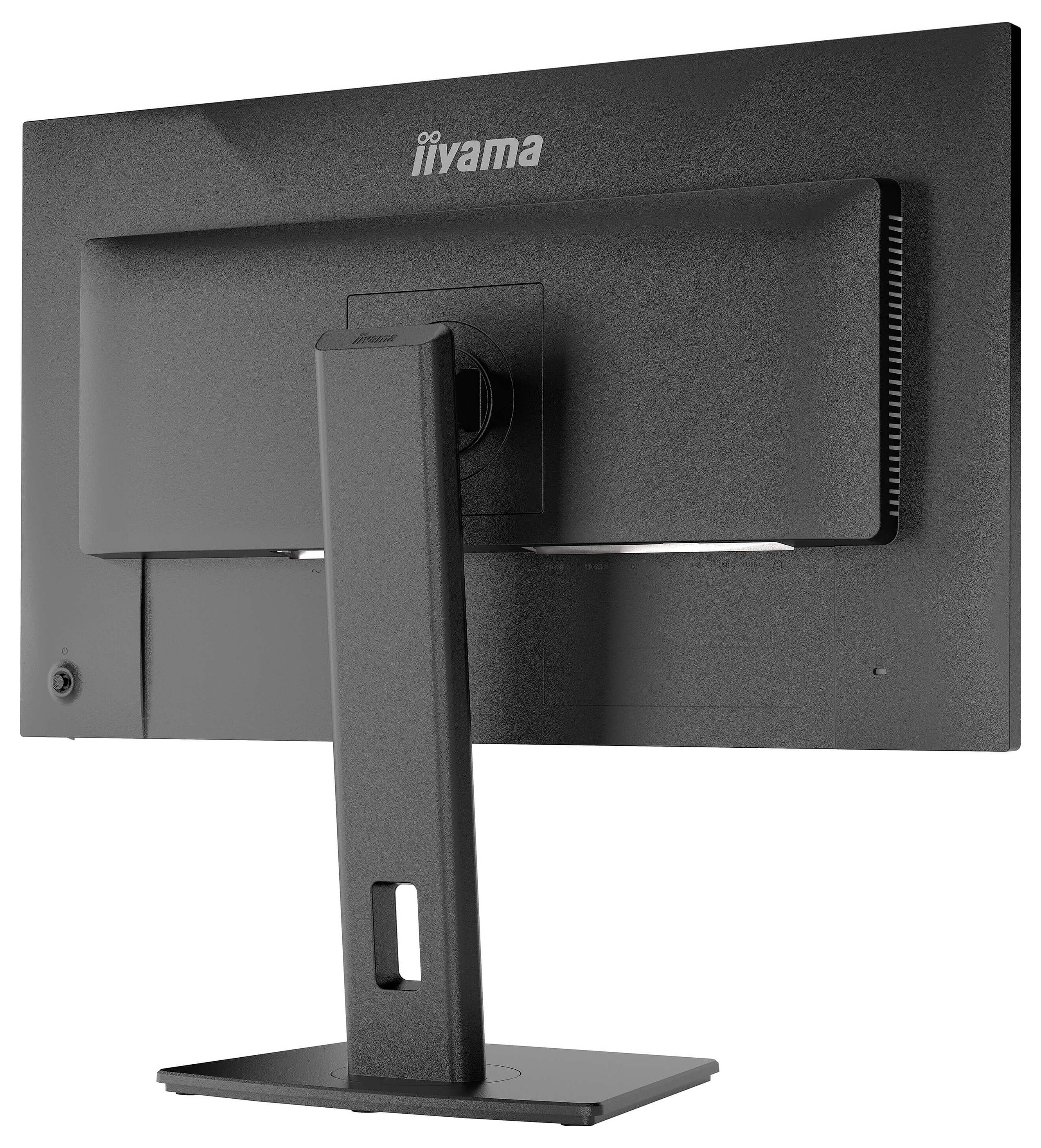 Ein schwarzer G-Master-Computermonitor, von hinten betrachtet, zeigt den Standfuß und die Halterungsfläche für Montage oder Verstellungen.