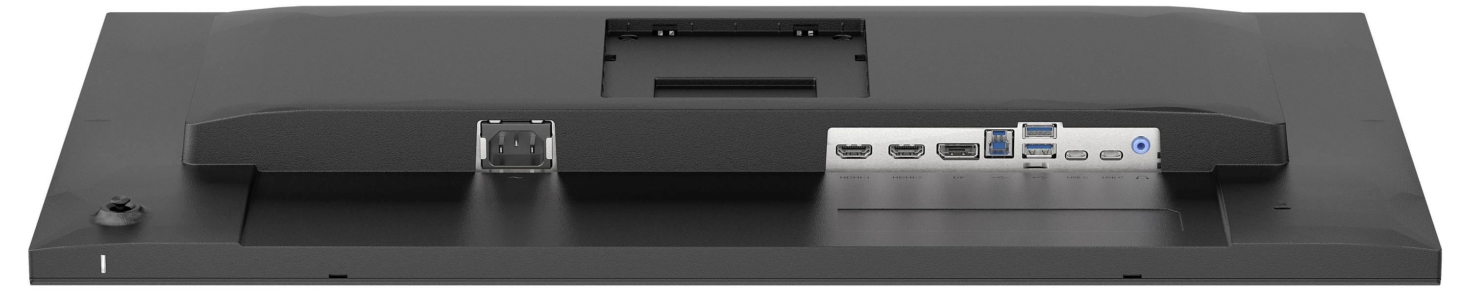 Ein Flachbildschirm von hinten betrachtet, der verschiedene Anschlüsse zeigt, darunter HDMI, USB und Stromverbindungsoptionen.