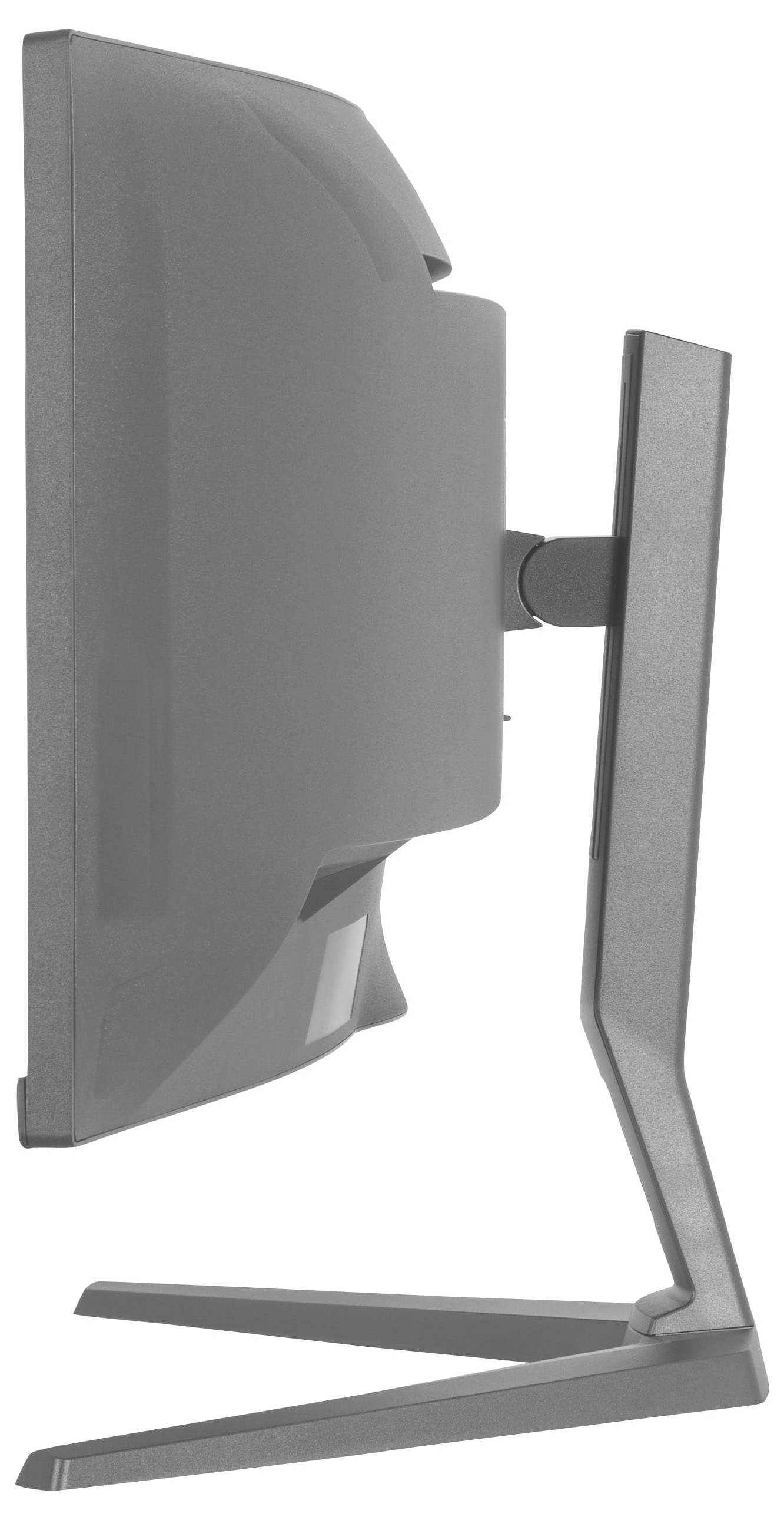 Eine Seitenansicht eines schlanken, modernen Computermonitors mit stabilem Ständer, das ein elegantes Design und eine verstellbare Neigungsfunktion zeigt.