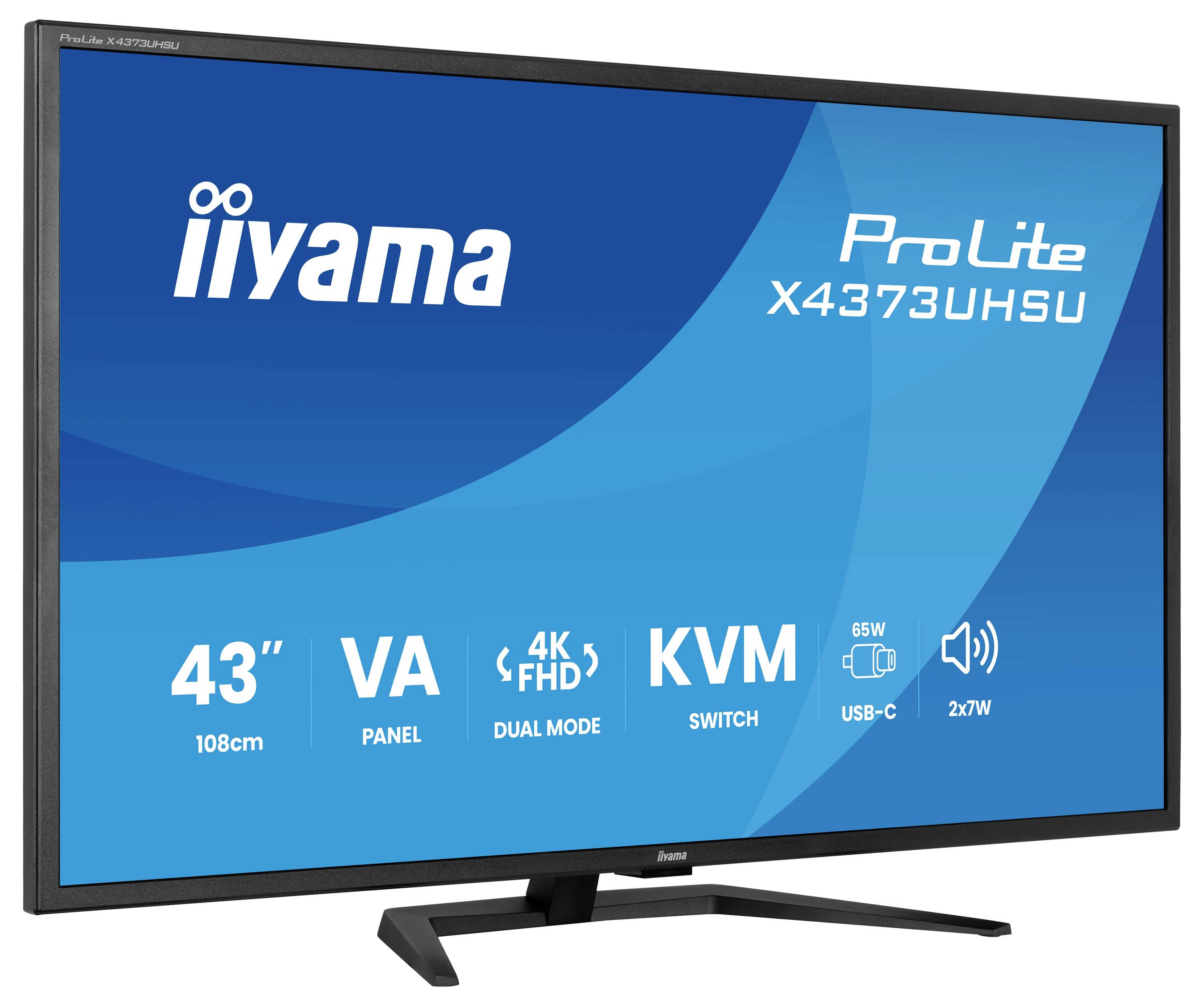 iiyama ProLite X4373UHSU Monitor mit 43-Zoll-4K-VA-Panel, Doppelmodus, KVM-Schalter, USB-C-Laden und 2x7W-Lautsprechern.
