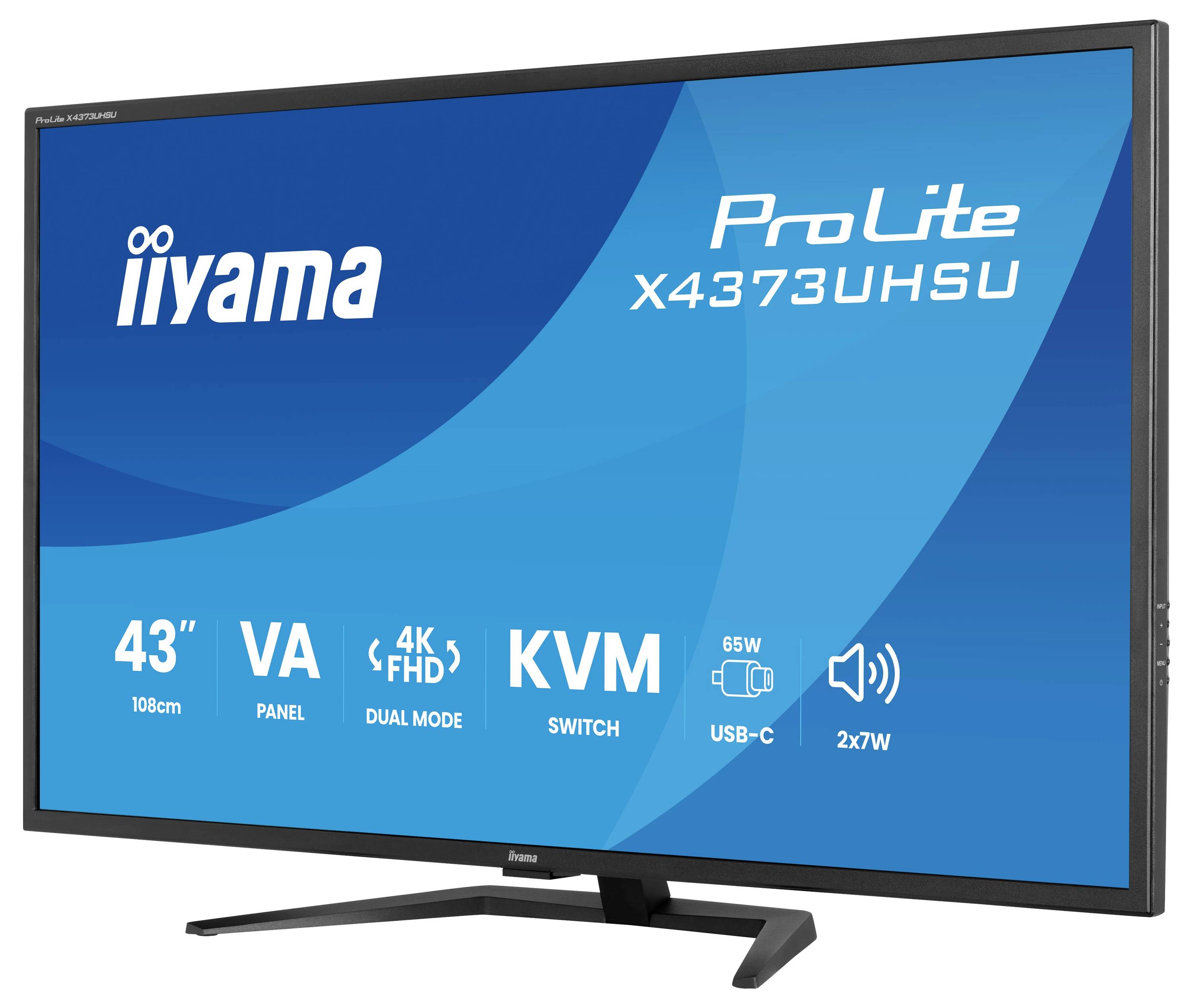 »iiyama ProLite X4373UHSU« Monitor, 43'' VA Panel, 4K FHD, KVM-Schalter, Dual-Mode, USB-C, 2x7W Lautsprecher, 65W Stromverbrauch.