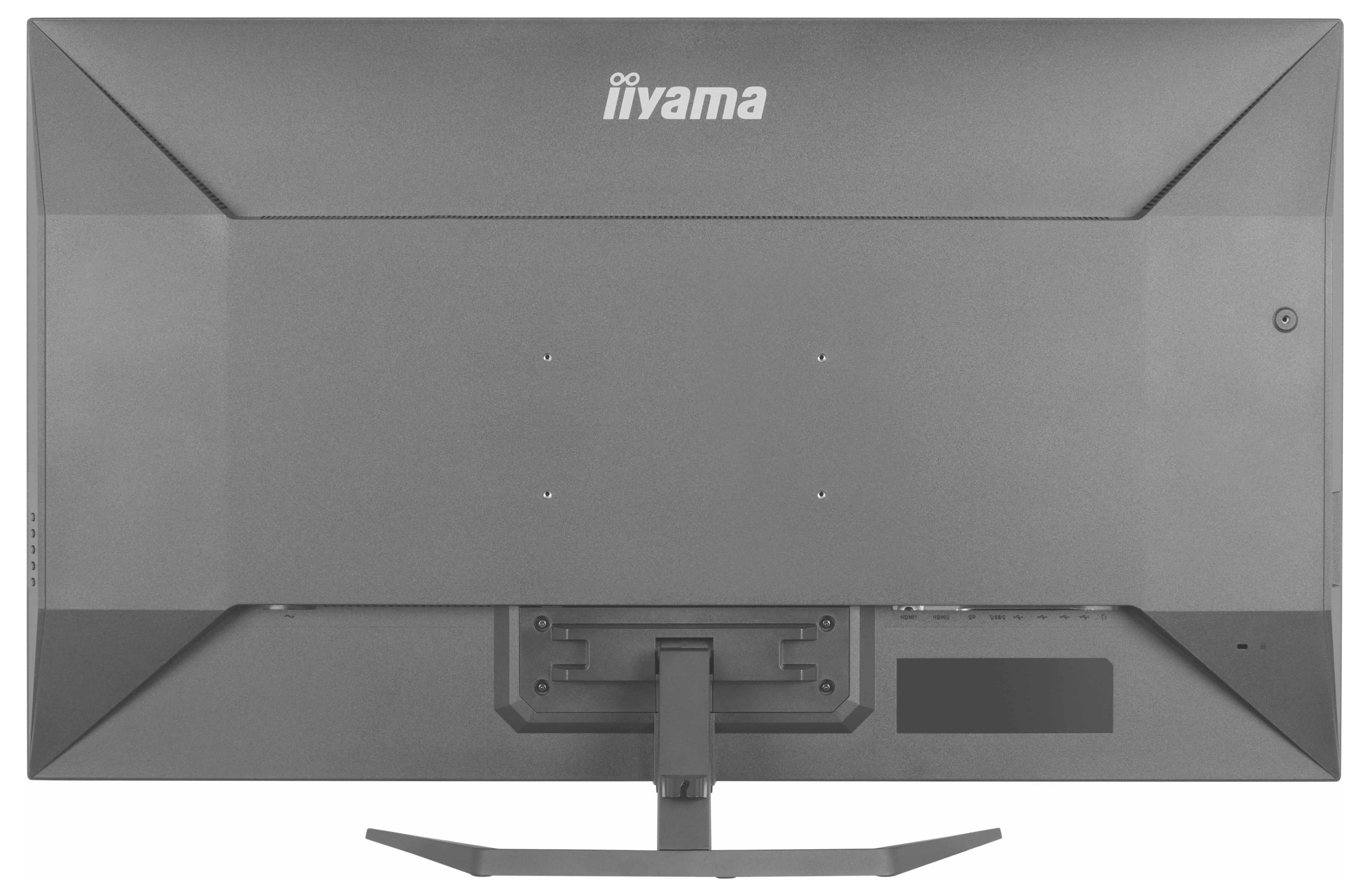 Rückansicht eines Computermonitors mit zentralem Standfuß, mit Anschlussanschlüssen auf der rechten Seite.