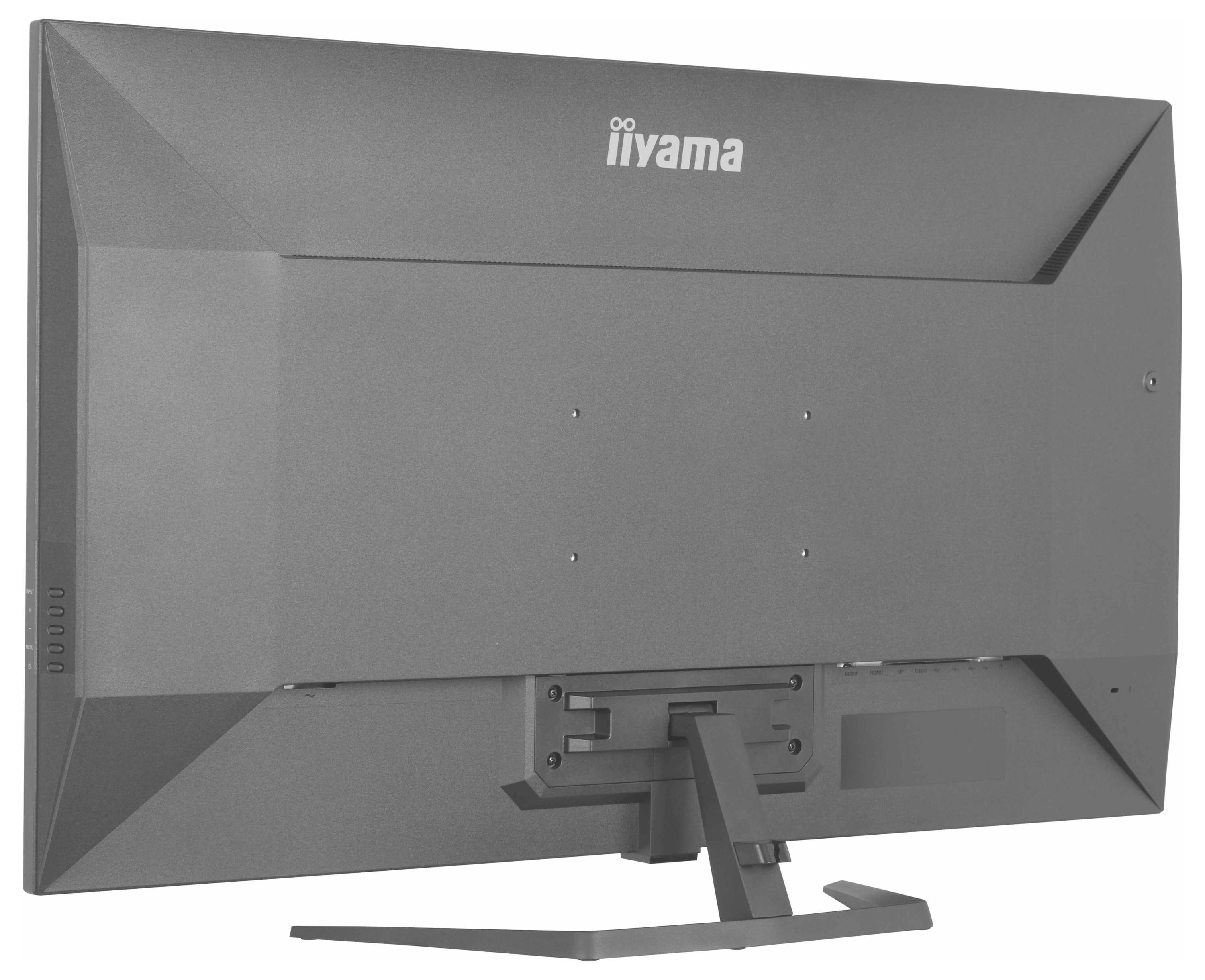 Das Bild zeigt die Rückansicht eines grauen Iiyama-Monitors mit Ständer und hebt sein elegantes Design und seinen Montagebereich hervor.