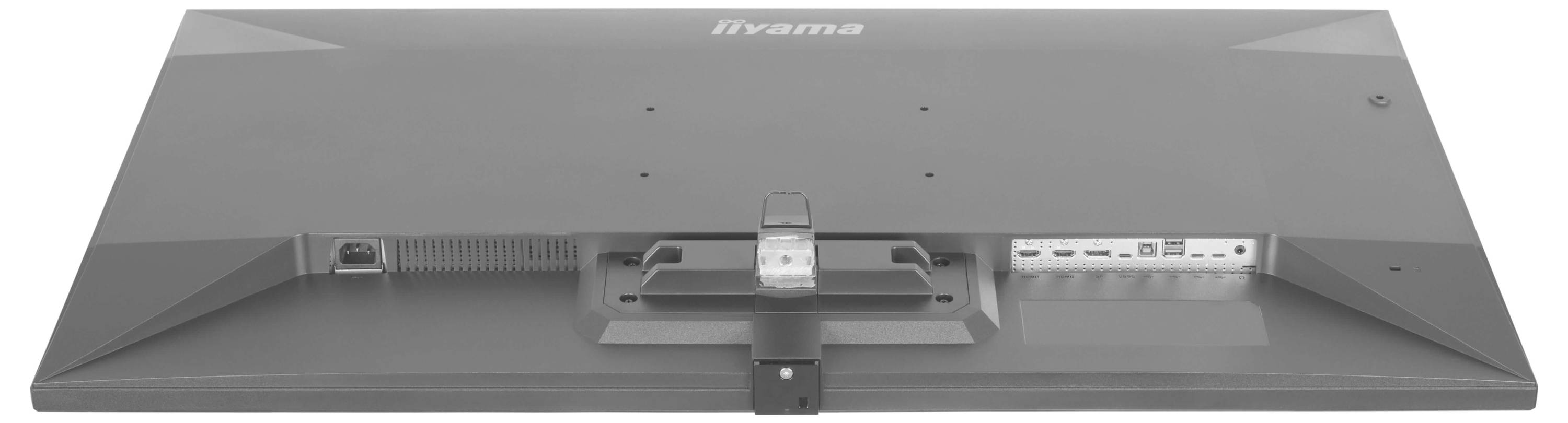 Rückansicht eines Monitors mit Eingabeanschlüssen, darunter HDMI, USB und Stromversorgungsanschlüsse. Der Monitor wird als iiyama identifiziert.