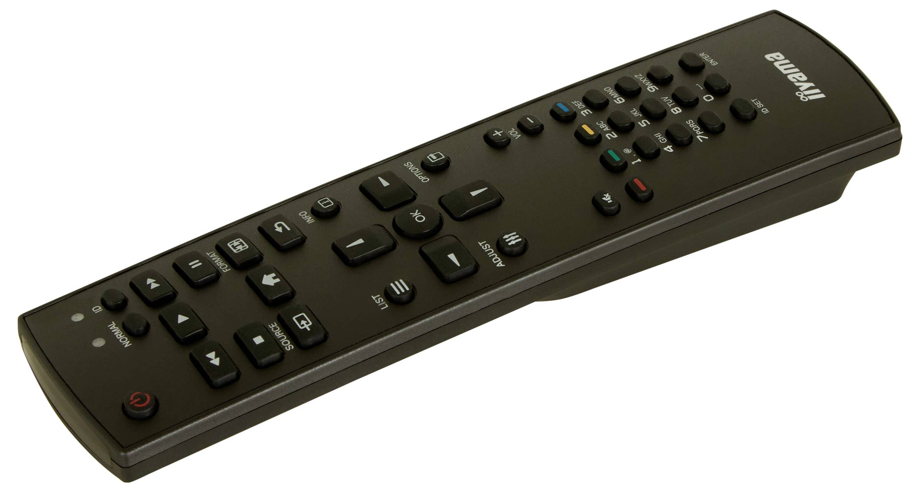 Eine schwarze universelle Fernbedienung mit verschiedenen Tasten, einschließlich Zahlen, Lautstärke- und Kanalsteuerungen.