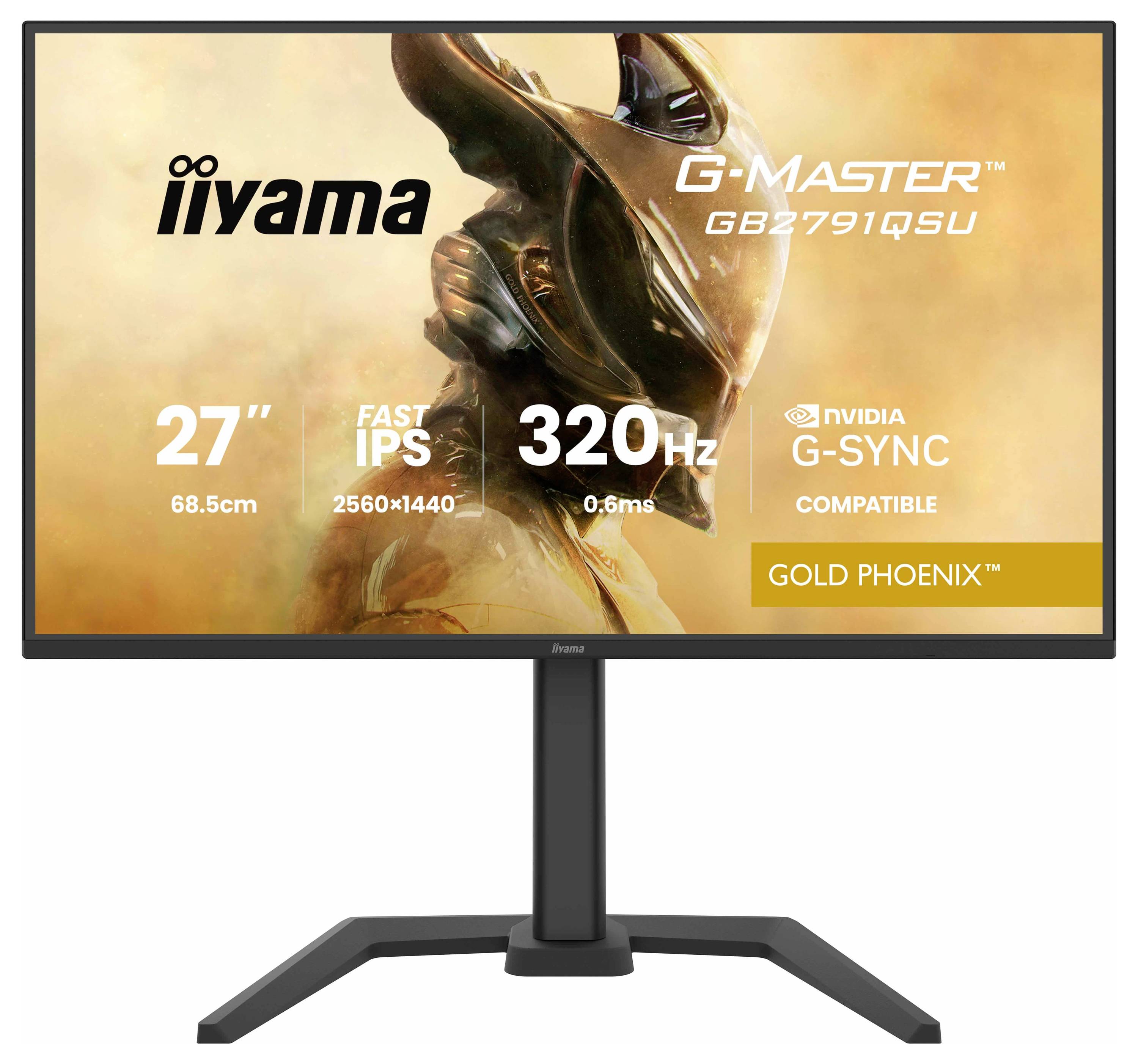 Ein Monitor, auf dem das iiyama G-Master GB2791QSU Modell angezeigt wird. Die Funktionen umfassen ein 27"-Display, Fast IPS, 2560x1440 Auflösung, 320Hz Bildwiederholfrequenz.