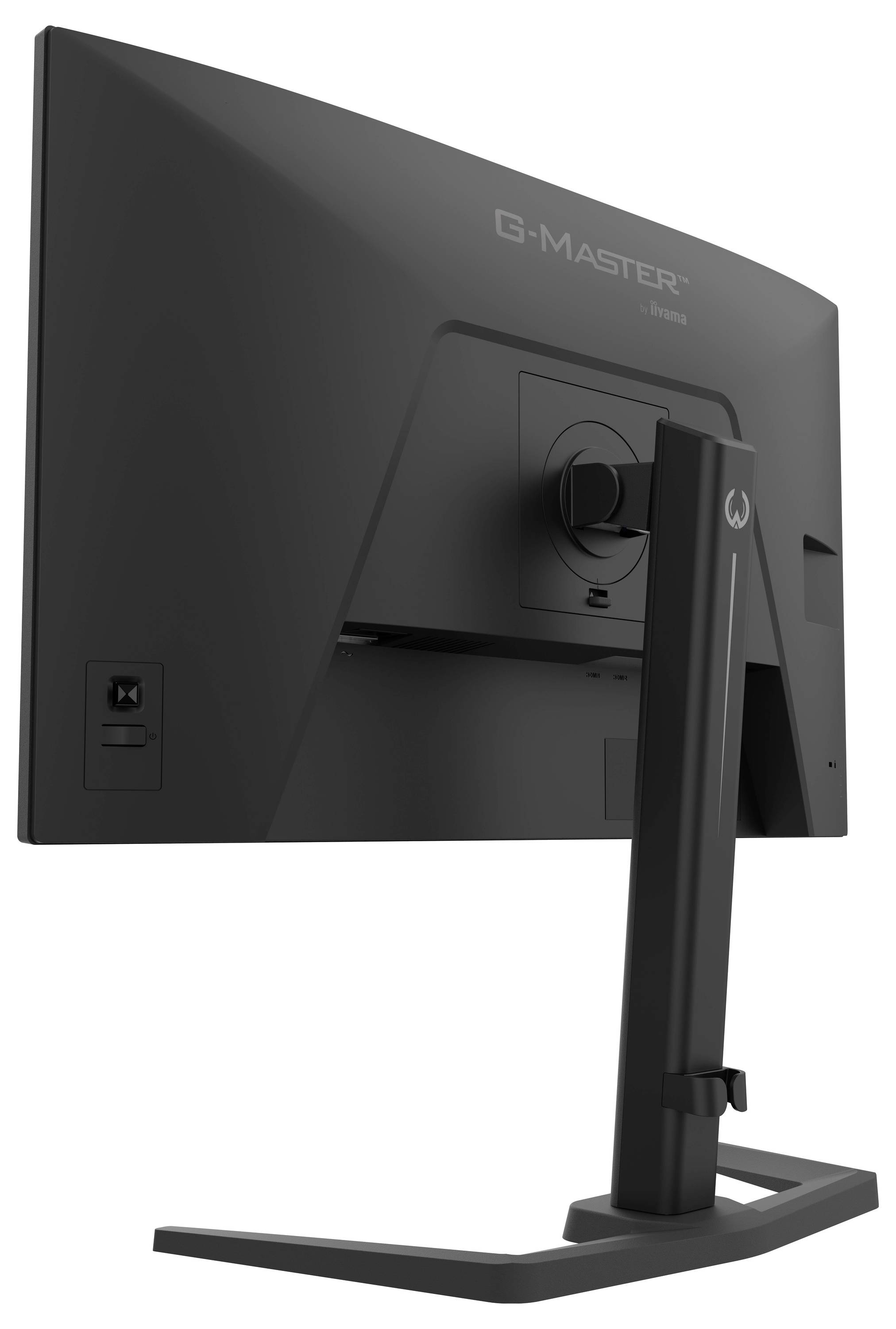 Ein schwarzer Computermonitor mit schlankem Design, von hinten betrachtet, mit einem stabilen Ständer und mit dem Markenzeichen 'G-Master' versehen.