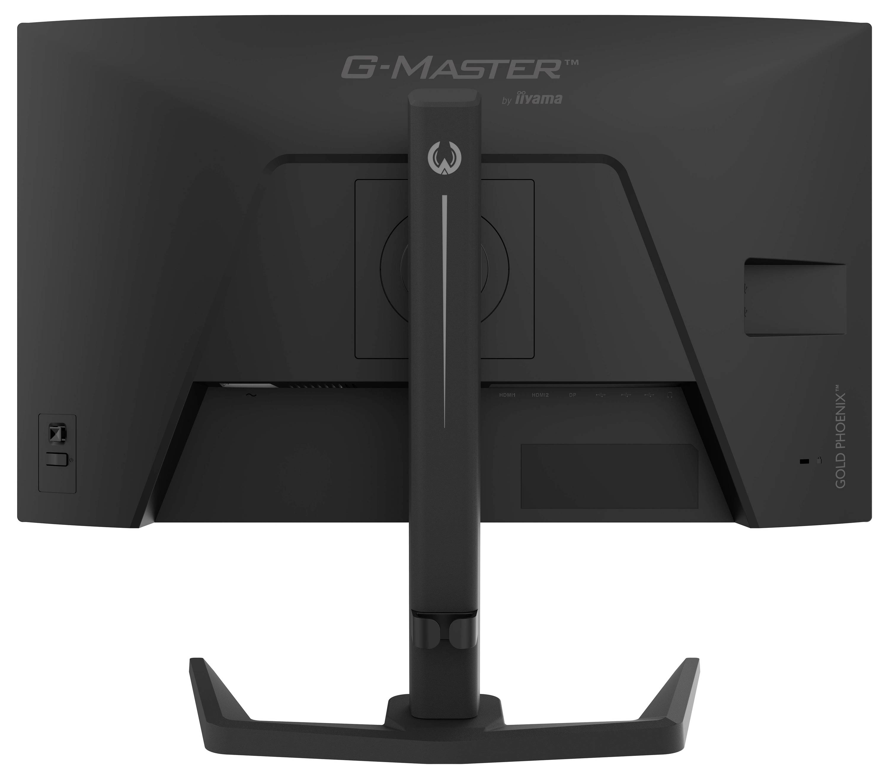 Die Rückansicht eines schwarzen Computermonitors auf einem Ständer von iiyama mit der Bezeichnung „G-Master
