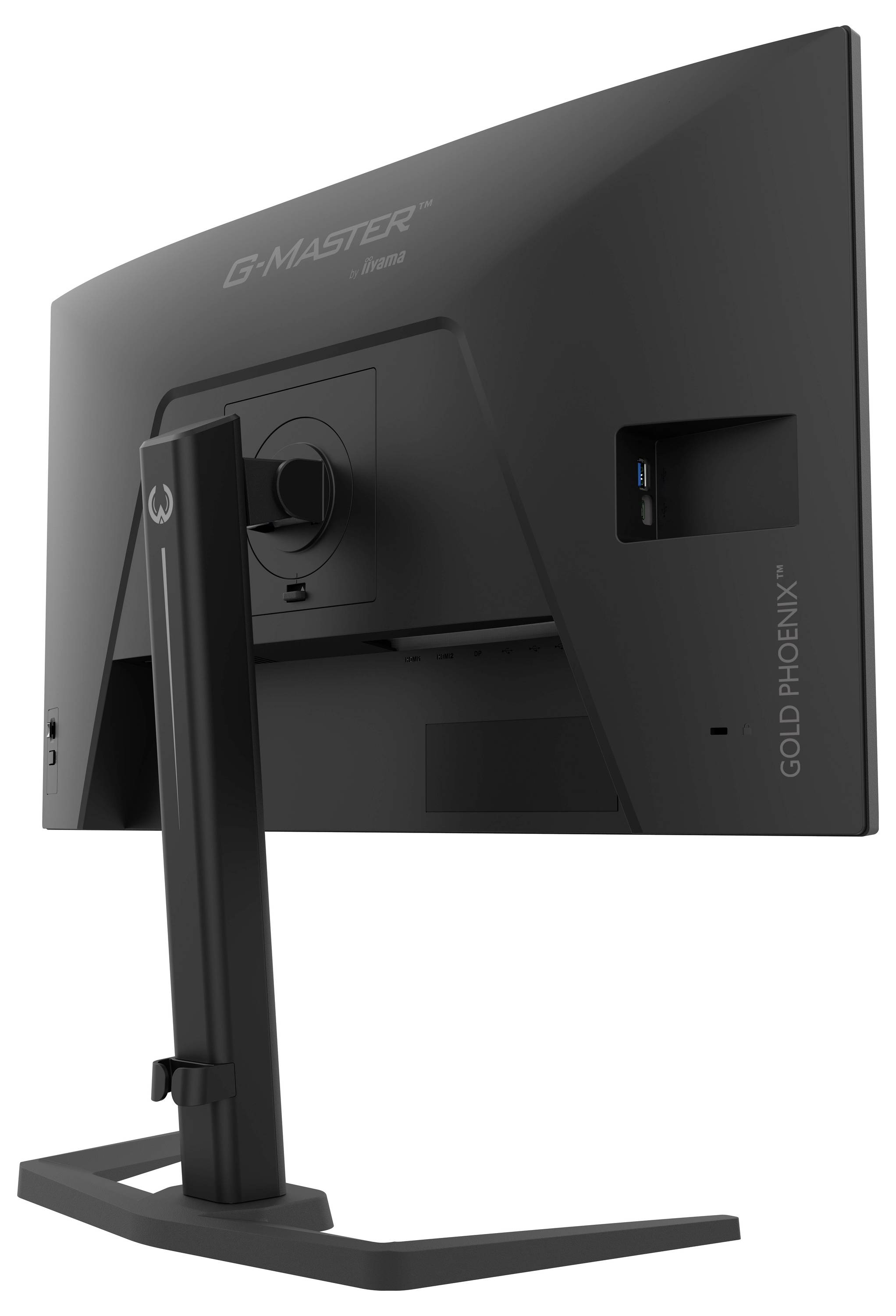 Ein schwarzer Computermonitor von hinten gezeigt, mit Anschlüssen und Brandingtext 