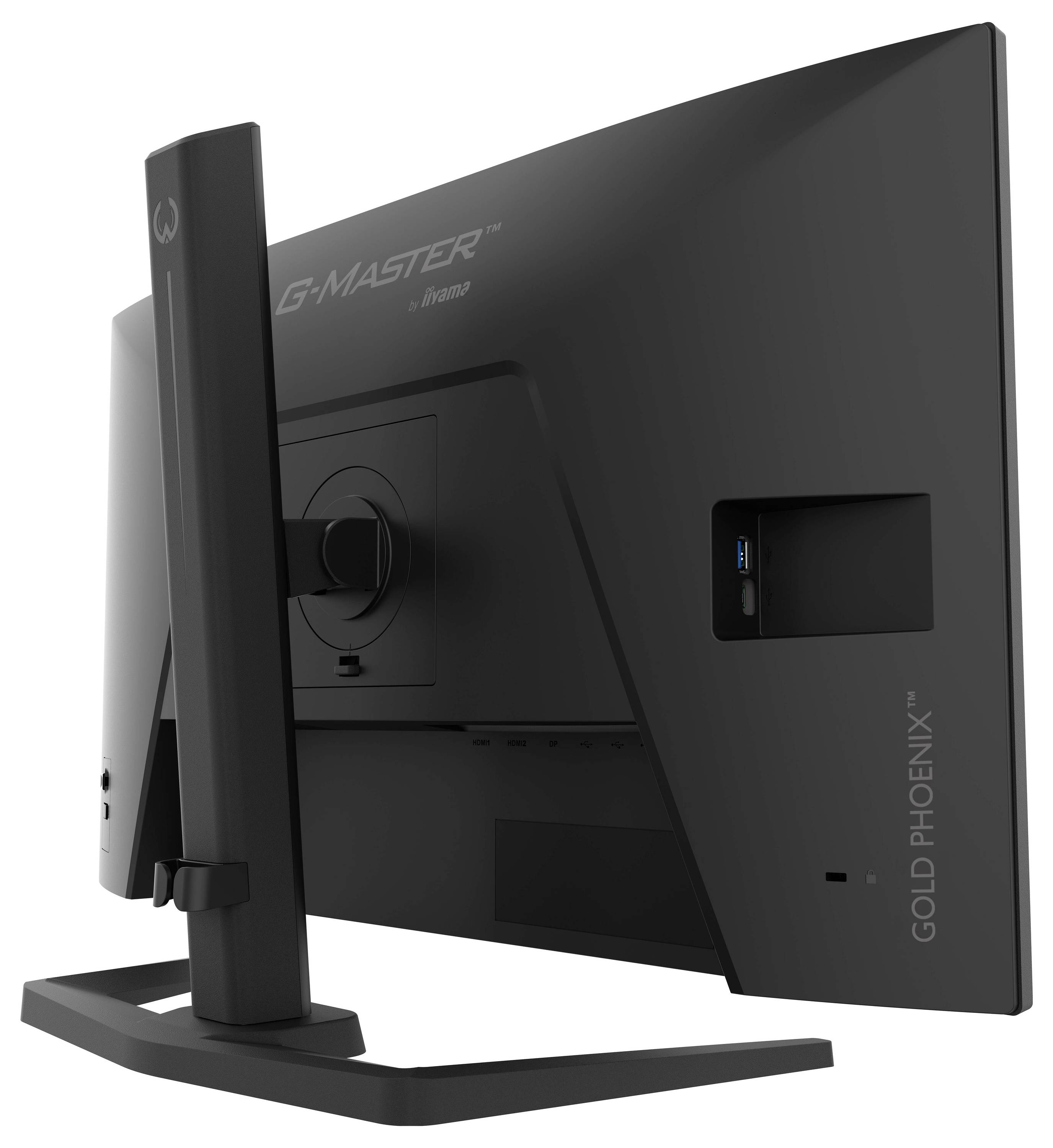 Ein schwarzer Computermonitor von hinten betrachtet, der seinen Ständer zeigt und auf der Rückseite den Text 