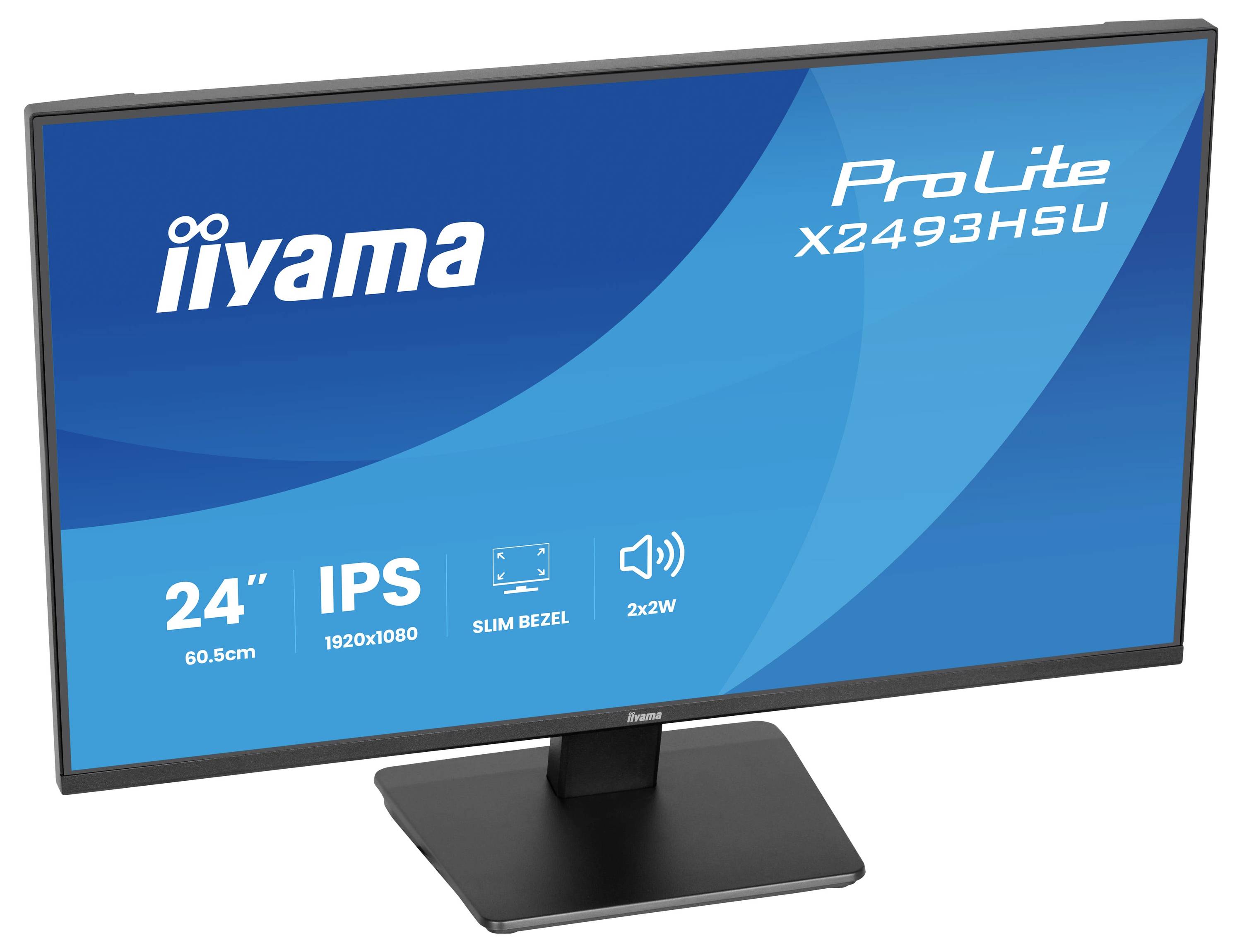 Ein 24-Zoll-iiyama-ProLite-Monitorbildschirm mit IPS-Technologie, 1920x1080-Auflösung, schmalem Rahmen und zwei 2-W-Lautsprechern.