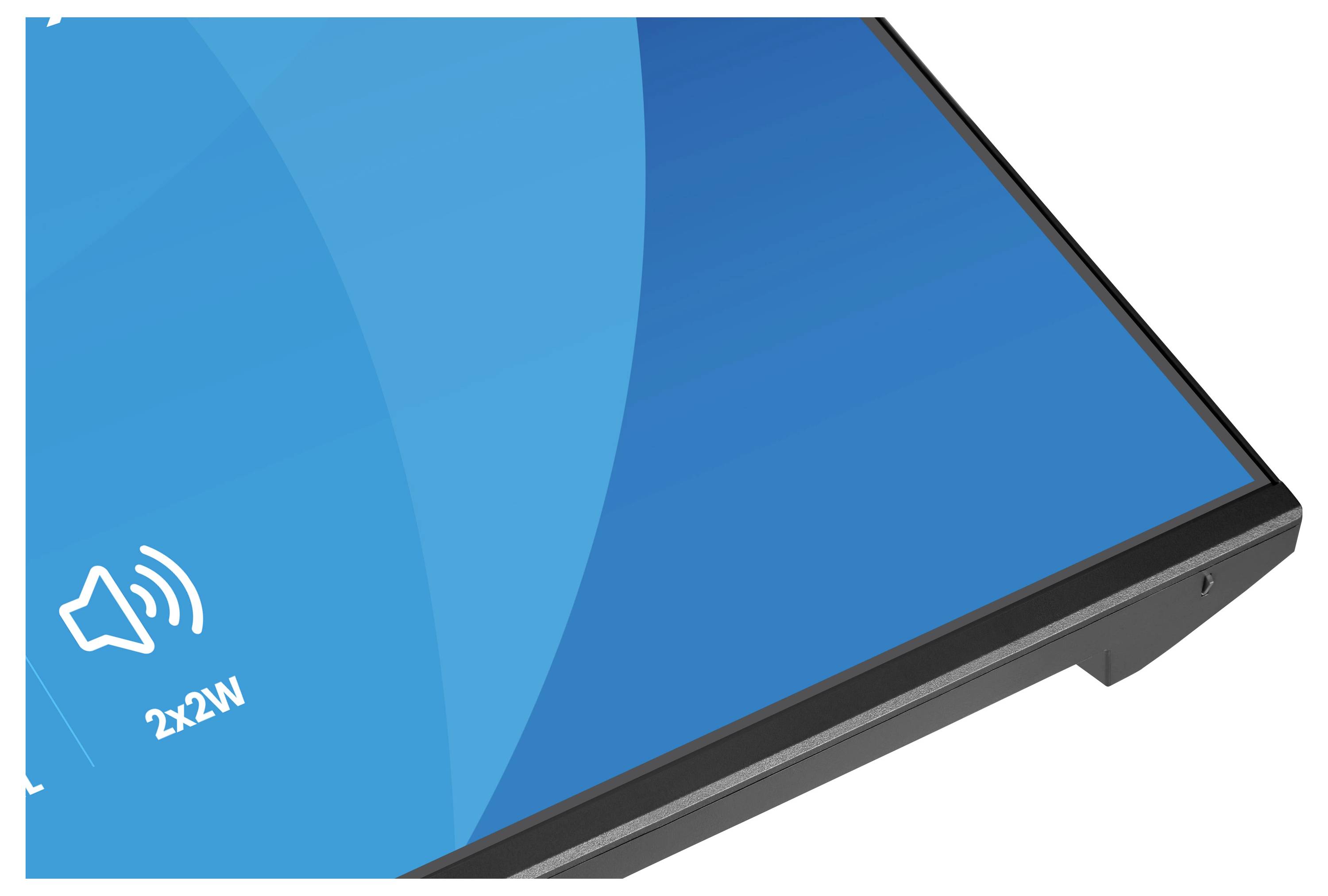Eine Nahaufnahme der Ecke eines blaubildschirmgeräts, das ein Lautstärkesymbol und „2x2W