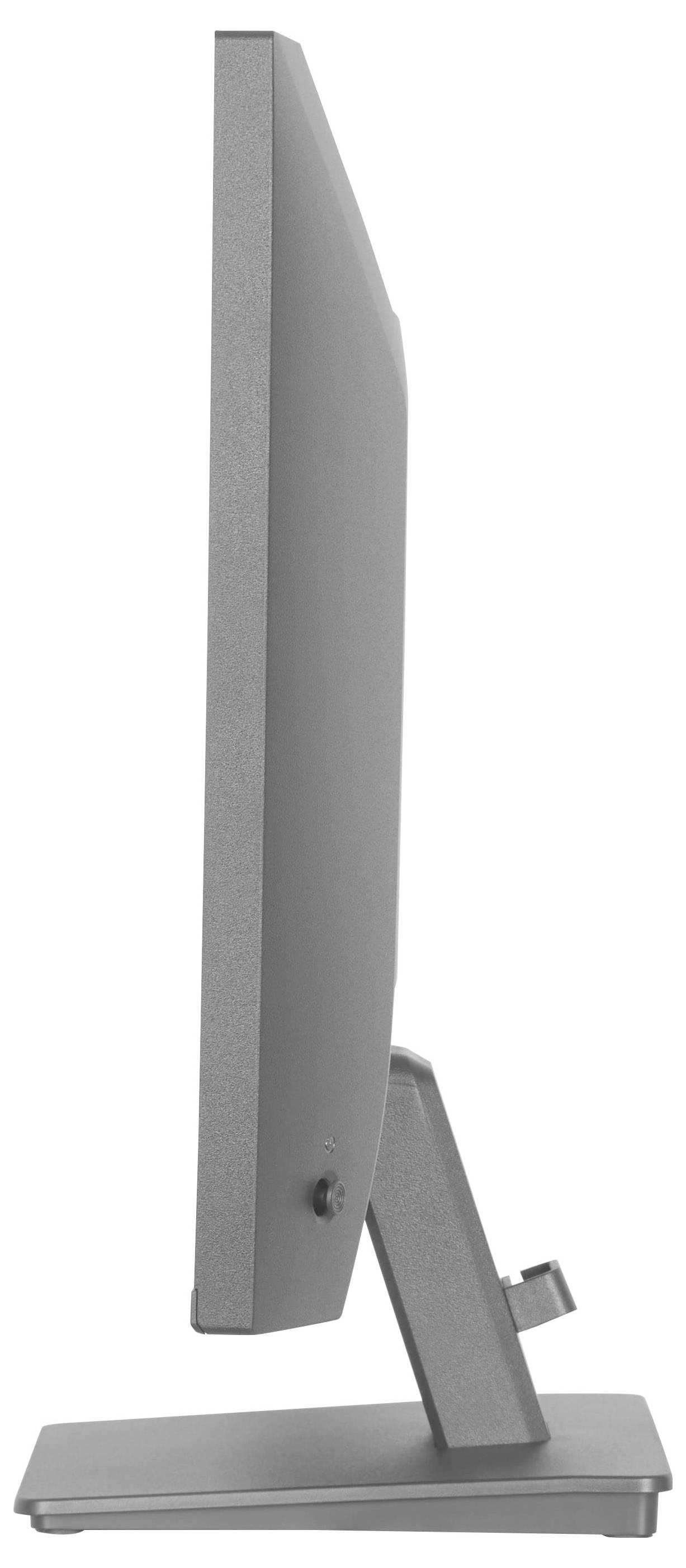 Eine Seitenansicht eines modernen, schlanken Computermonitors mit silbernem Ständer, die sein dünnes Profil zeigt.