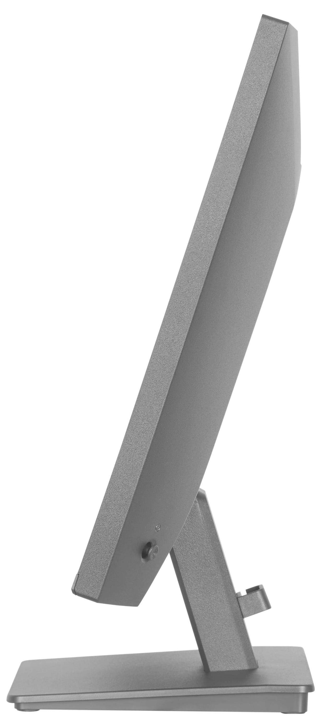 Ein eleganter, moderner Computermonitor von der Seite betrachtet, mit schlankem Profil und minimalistischem Design, mit einem stabilen Ständer.