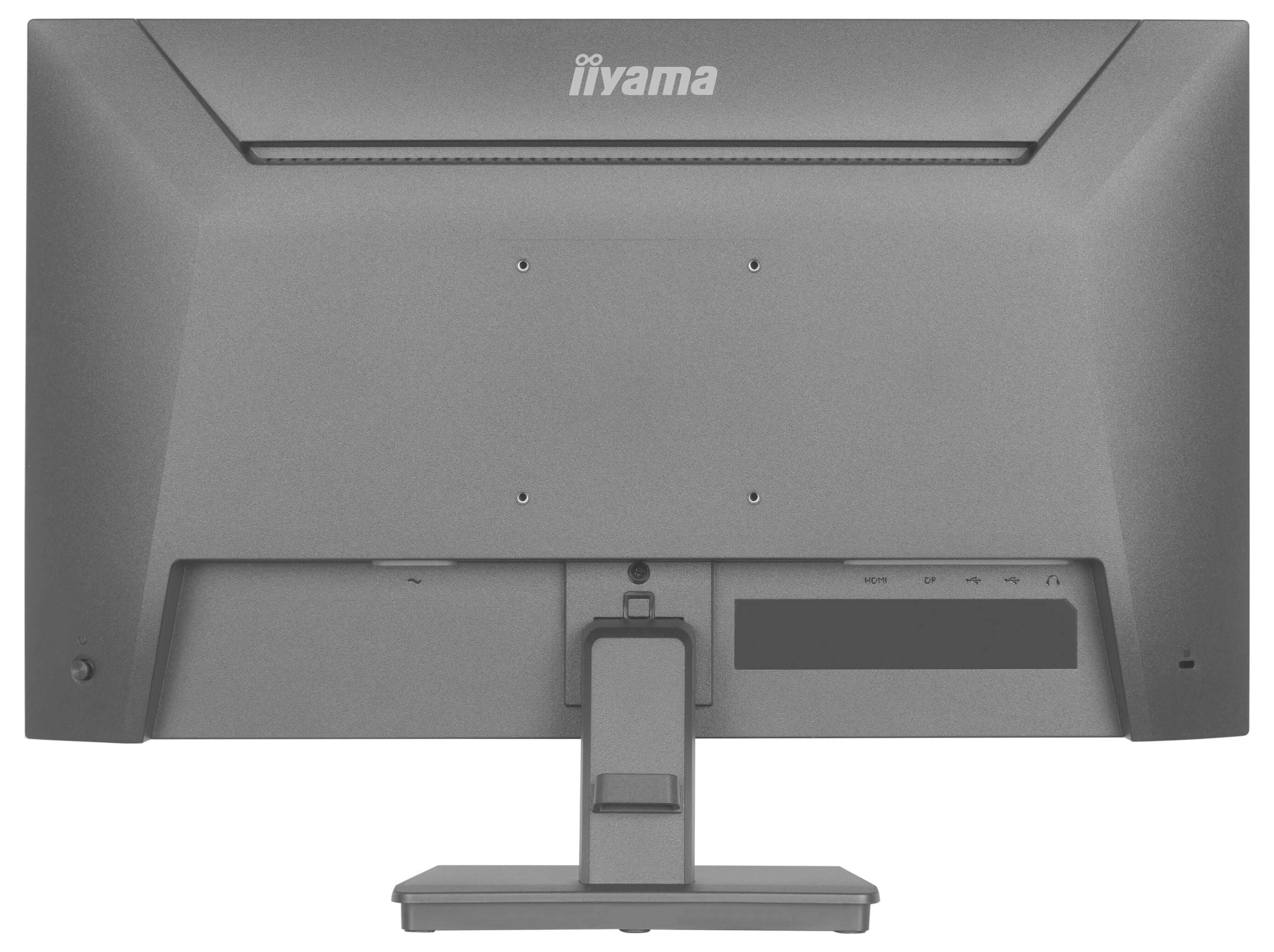 Rückansicht eines Computermonitors auf einem Ständer mit sichtbaren Montagelöchern und Steuertasten auf der unteren rechten Seite.
