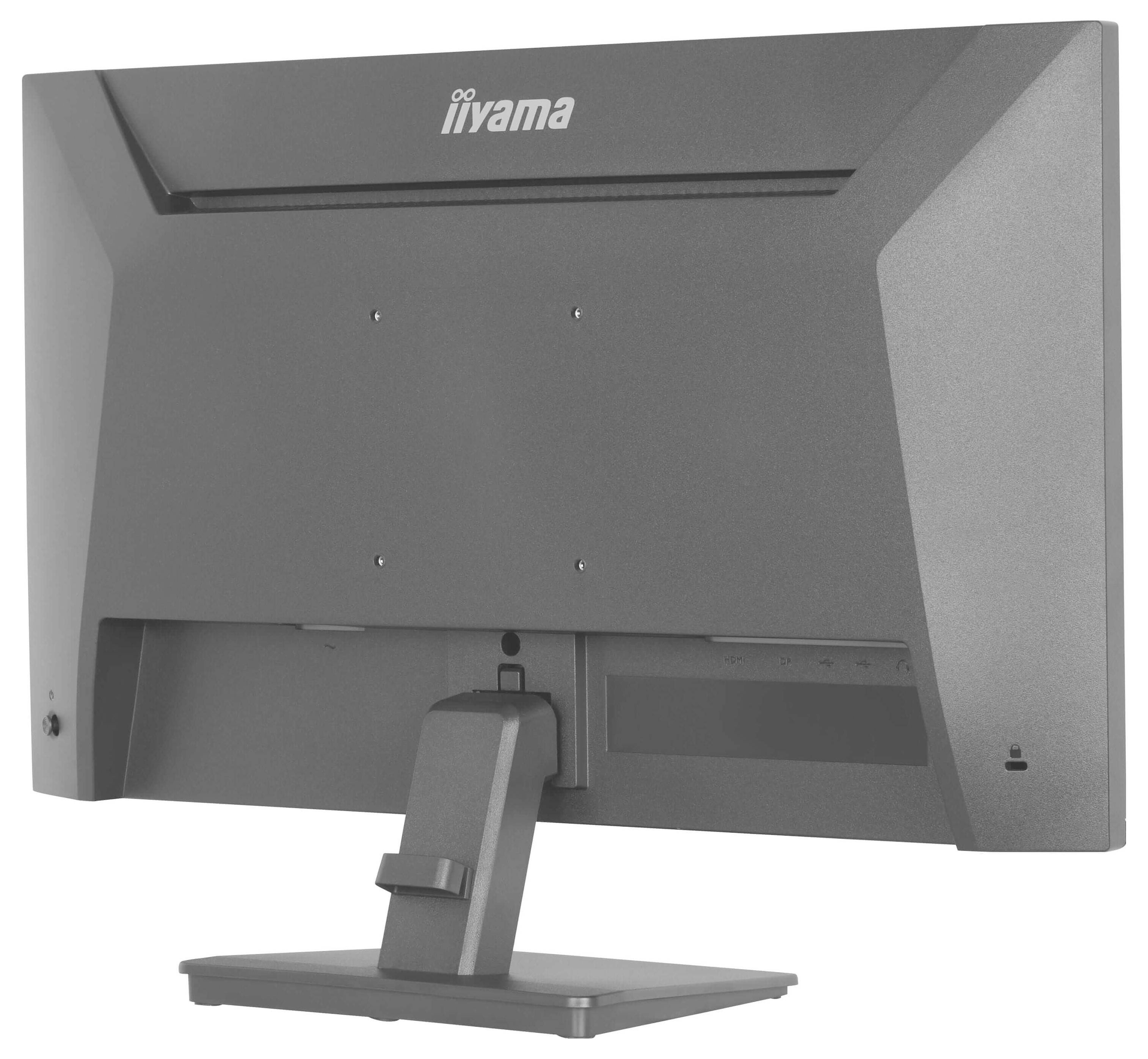 Rückseite eines grauen Computermonitors mit rechteckigem Ständer, zeigt Anschlüsse und ein Markenlogo oben.