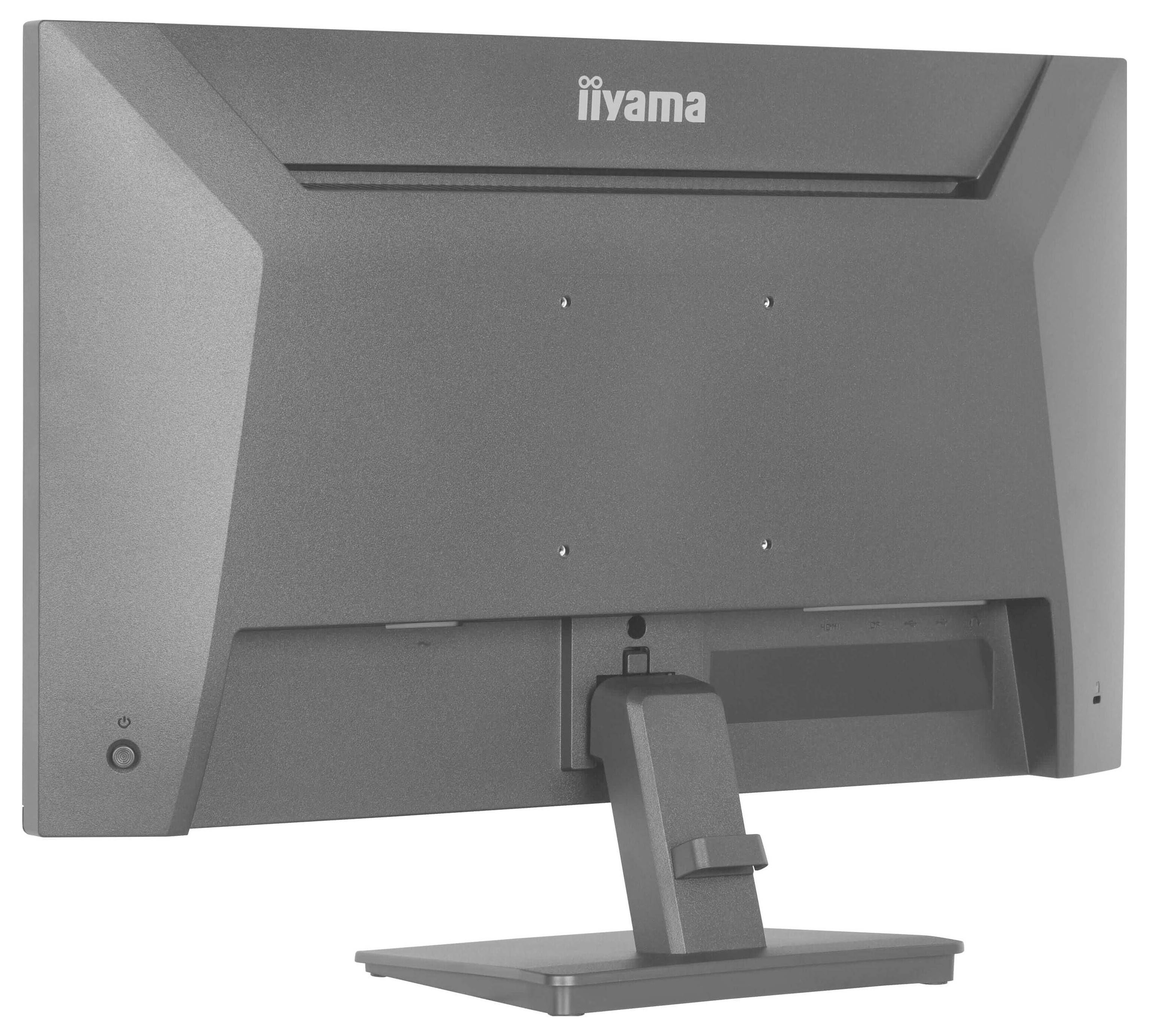 Das Bild zeigt die Rückansicht eines Computermonitors auf einem Ständer, mit der Aufschrift „iiyama