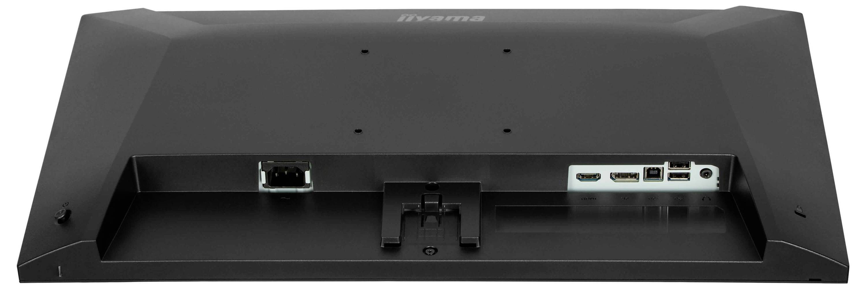 Das Bild zeigt die Rückseite eines Monitors mit sichtbaren Anschlüssen, einschließlich HDMI, USB und Ethernet, umgeben von einem vertieften Bedienfeld.