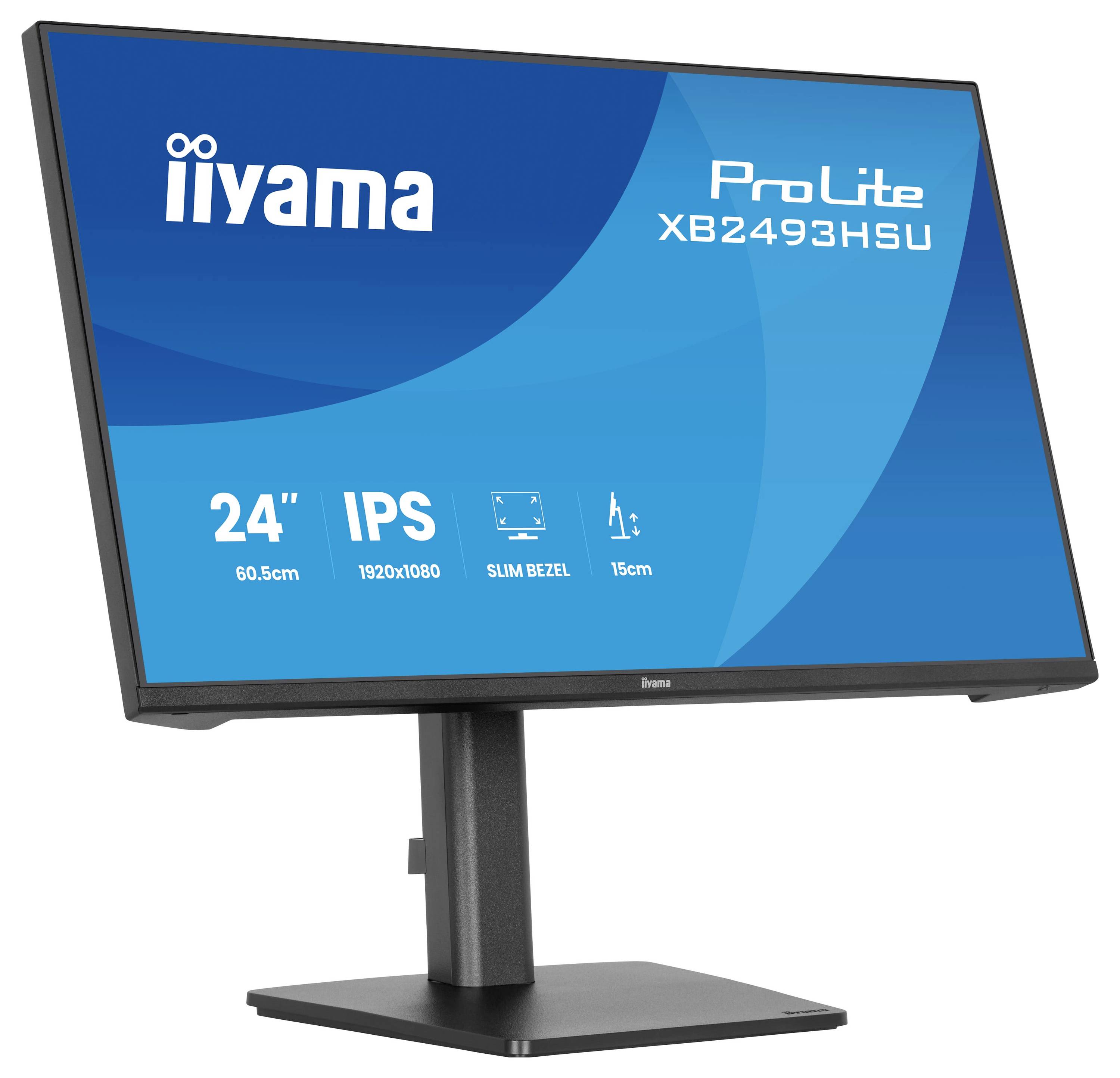 Ein 24-Zoll-Monitor auf einem Ständer mit blauem Bildschirm, auf dem „iiyama ProLite XB2493HSU