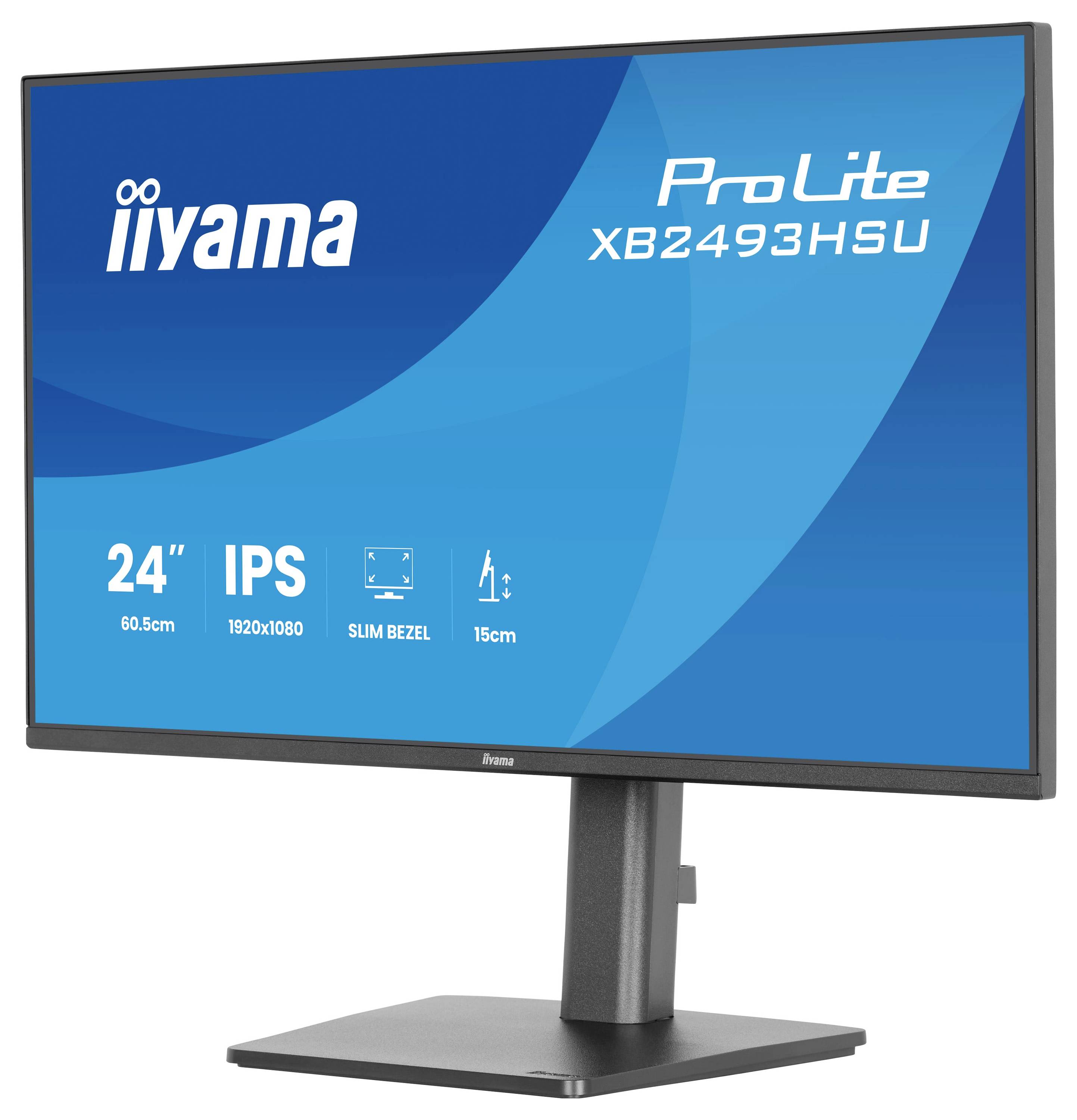„ProLite XB2493HSU Monitor" wird auf dem Bildschirm angezeigt. Eigenschaften: 24 Zoll, IPS, 1920x1080 Auflösung, schmaler Rahmen, 15cm Verstellbarkeit. Markenlogo oben links.