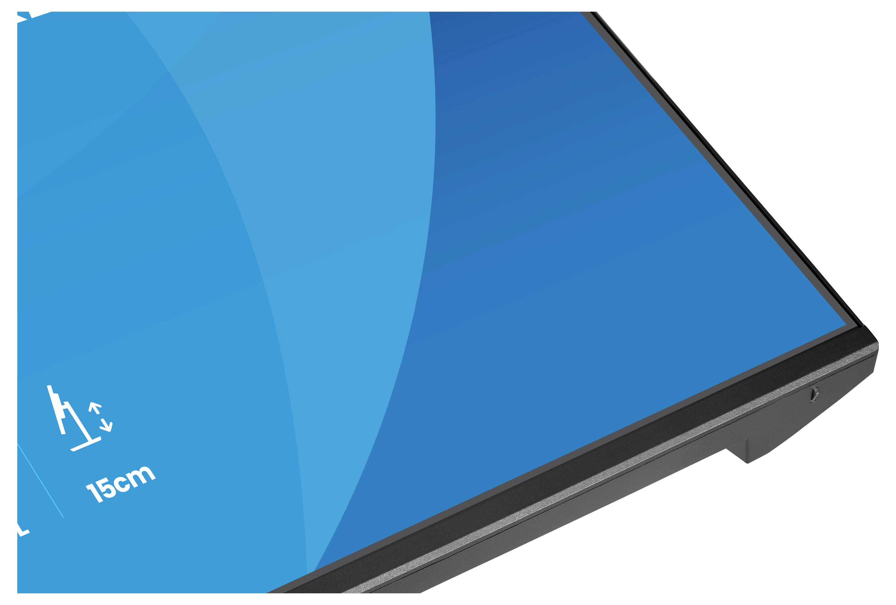 Eine Nahaufnahme der Ecke eines blauen digitalen Bildschirms, die eine '15cm'-Markierung mit horizontalen und vertikalen Pfeilen zeigt, um Messungen anzuzeigen.