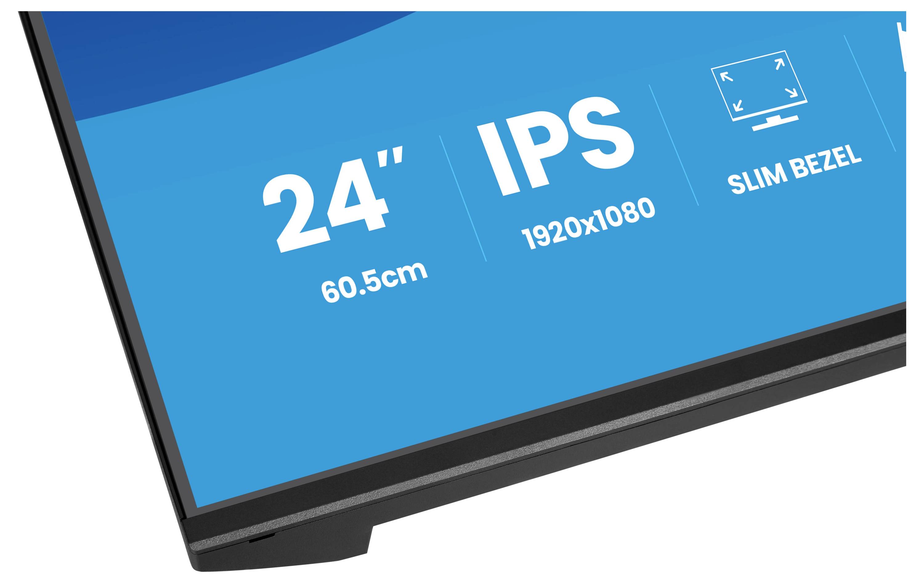 „Computermonitor-Ecke zeigt „24" 60,5 cm," „IPS 1920x1080," und „Schmaler Rahmen" auf dem Bildschirm."