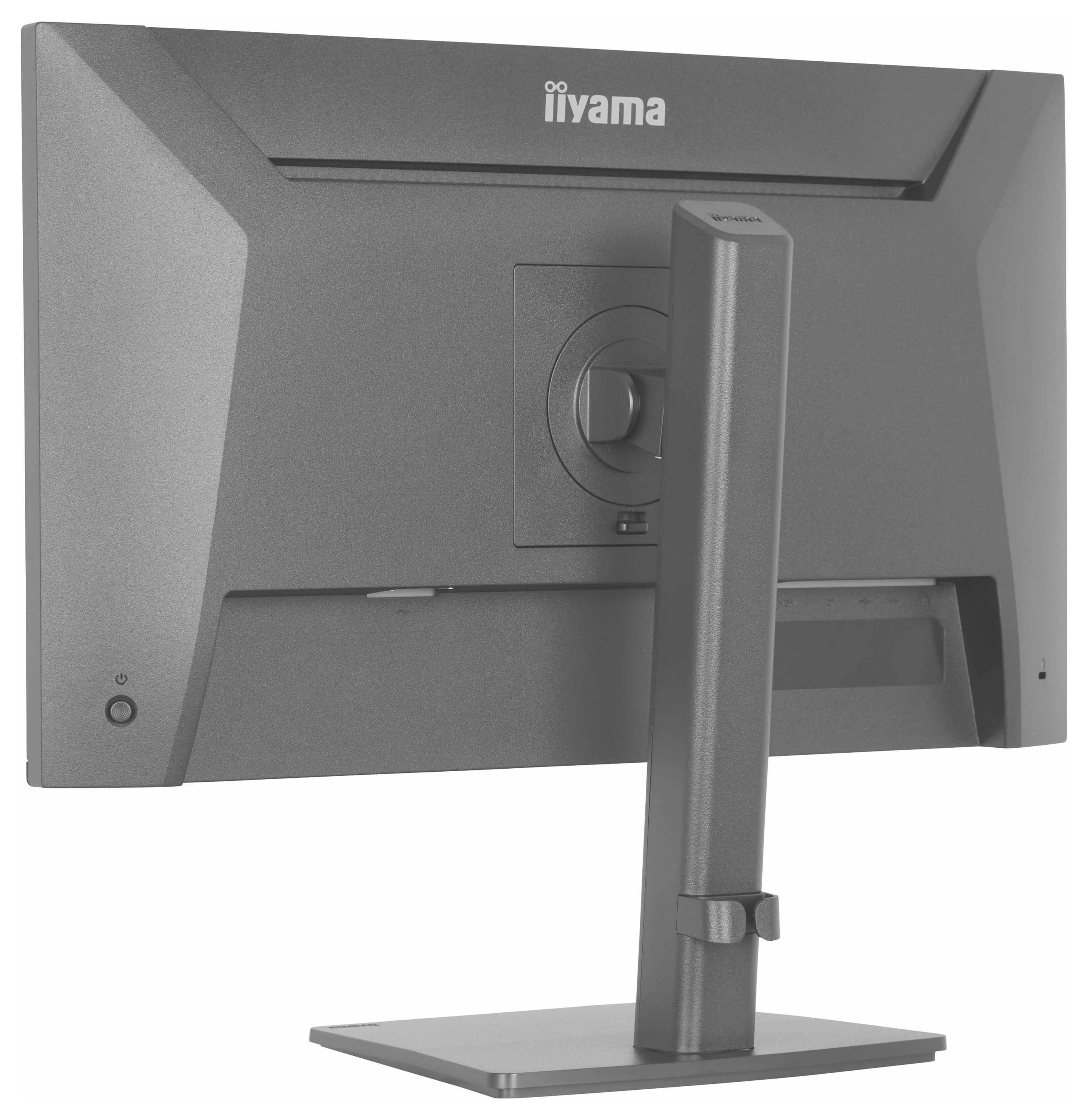 Rückansicht eines grauen iiyama-Monitors auf einem Ständer, der seinen verstellbaren Arm und die Halterung zeigt, auf einer flachen Basis positioniert.