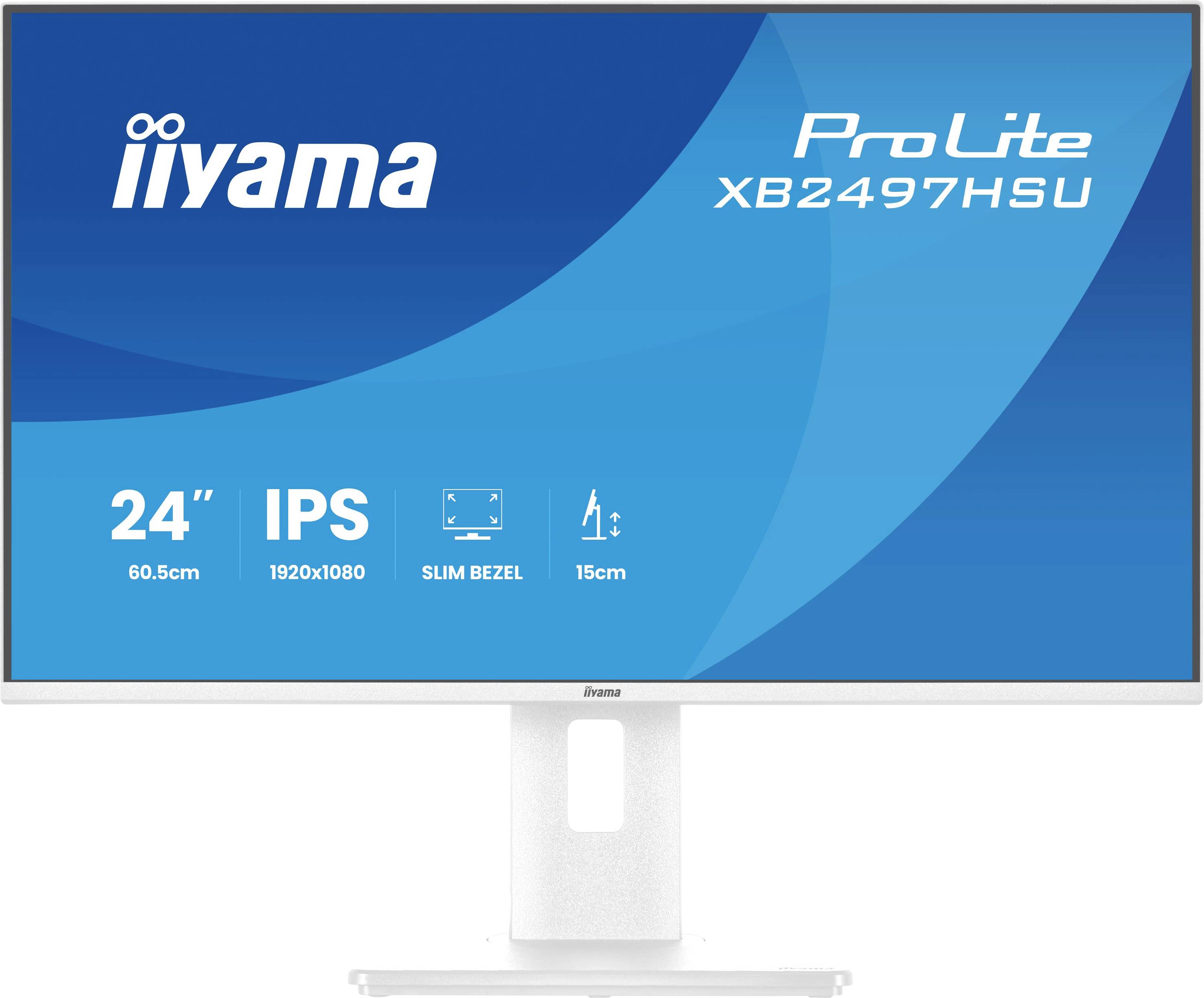 iiyama ProLite XB2497HSU Monitor mit 24-Zoll, 1920x1080 Auflösung, IPS-Panel und schmalem Rahmen auf weißem Ständer.