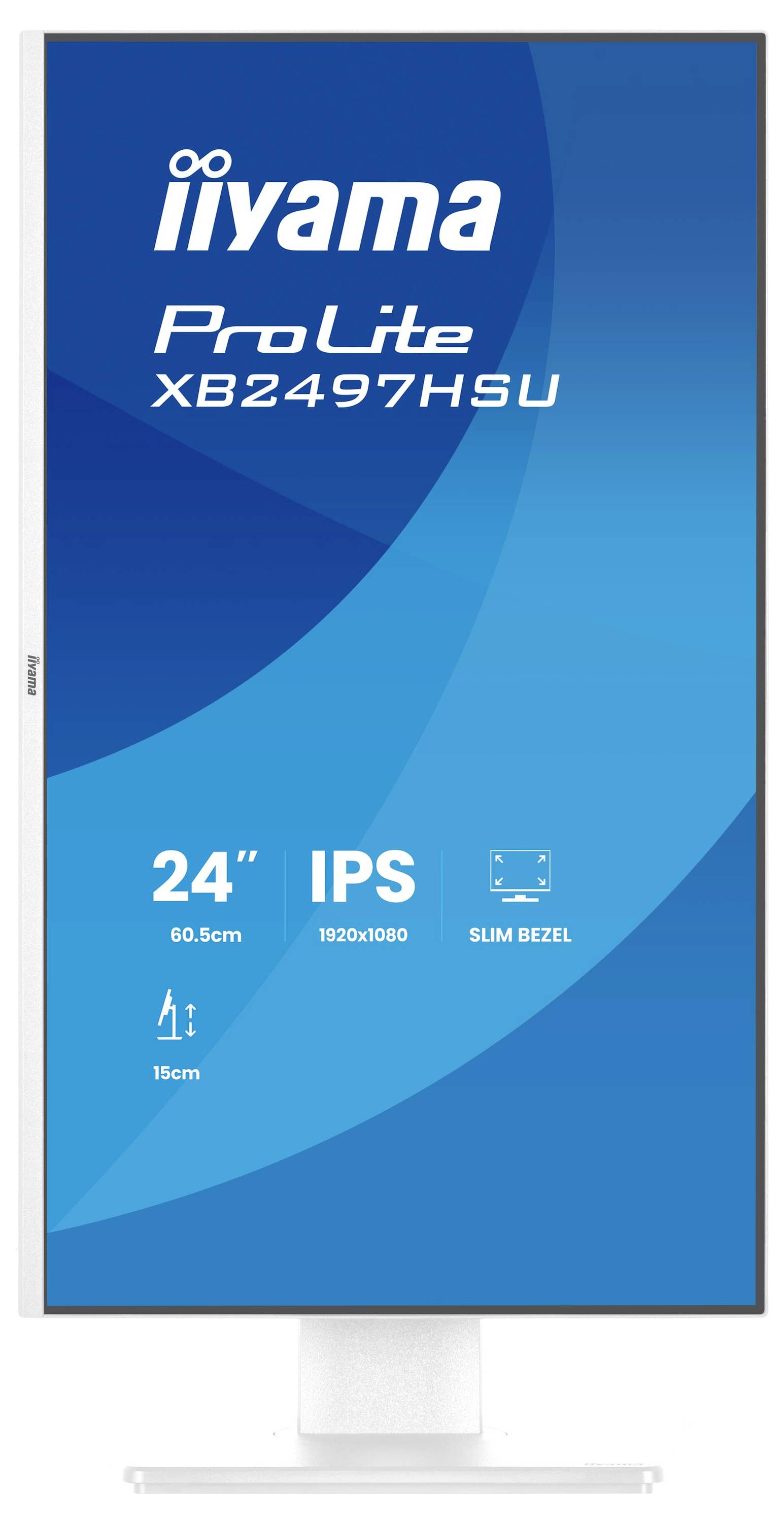 Das Bild zeigt einen Iiyama ProLite XB2497HSU Monitor mit einem 24-Zoll-IPS-Bildschirm, 1920x1080-Auflösung, schmalem Rahmen und 15 cm Höhenverstellung.