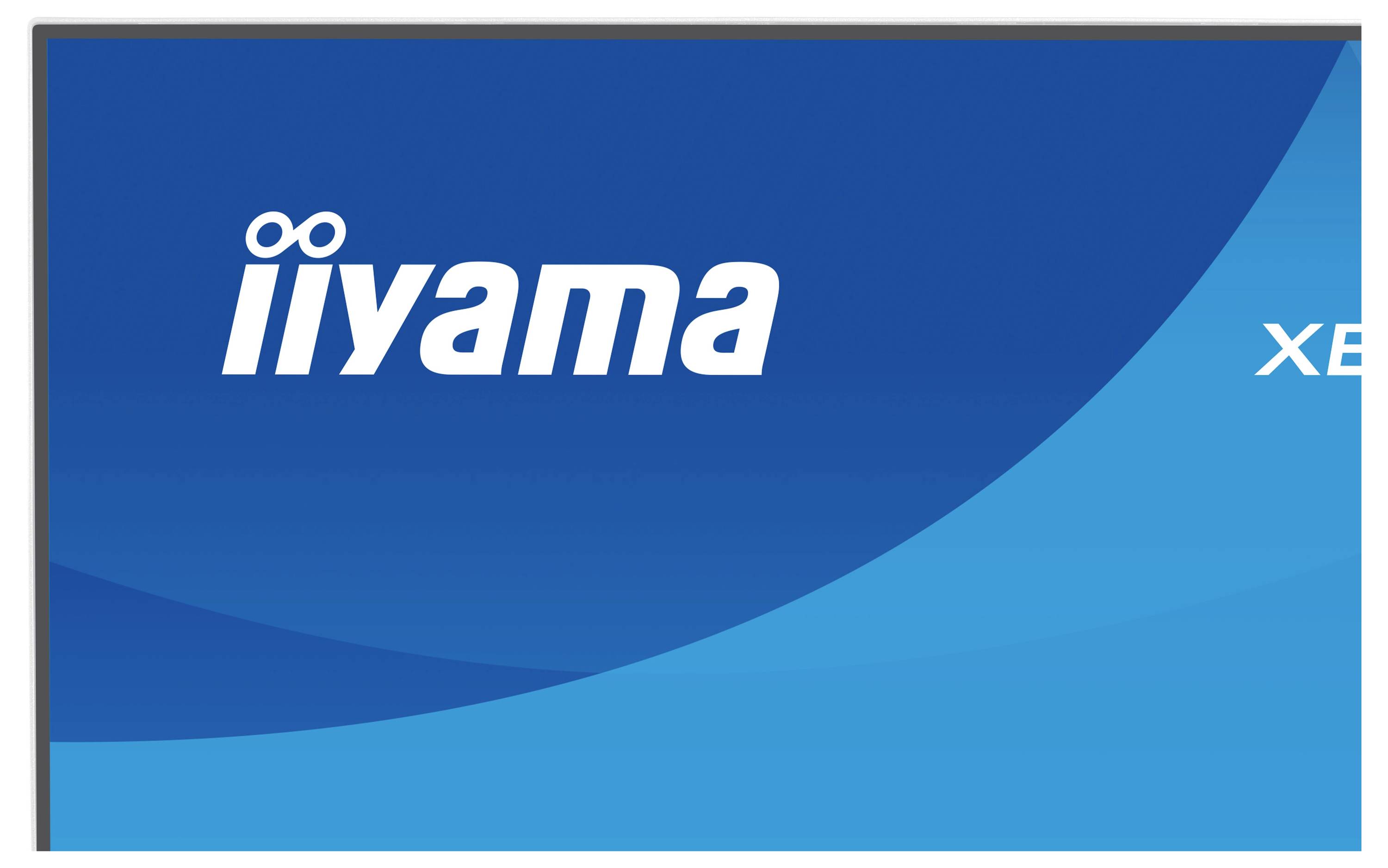 Das Bild zeigt das Logo und das Branding von „iiyama", einem Unternehmen, das für elektronische Displays bekannt ist, auf einem blauen Hintergrund.
