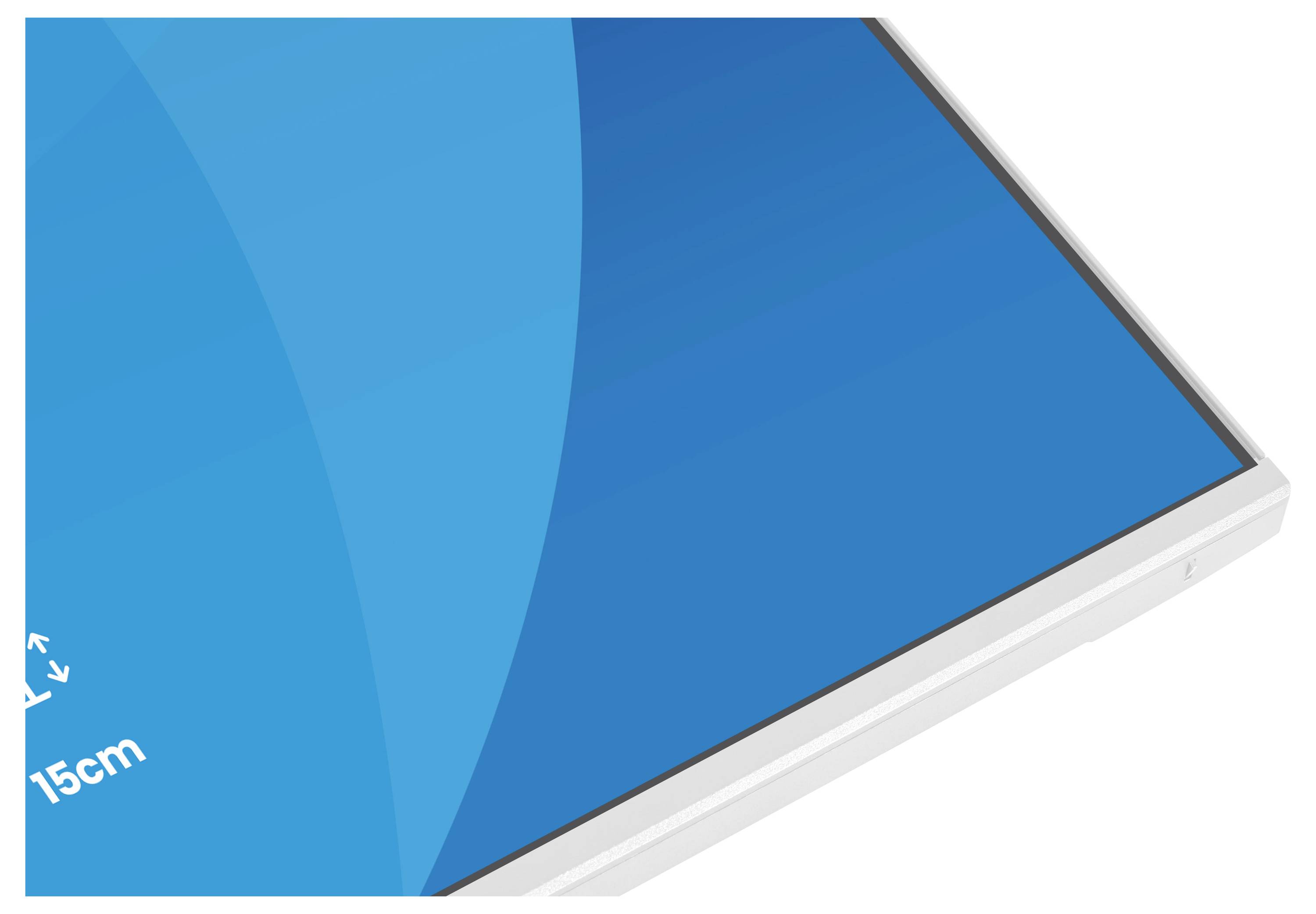 Ecke eines blauen rechteckigen Objekts mit der Beschriftung „15 cm".