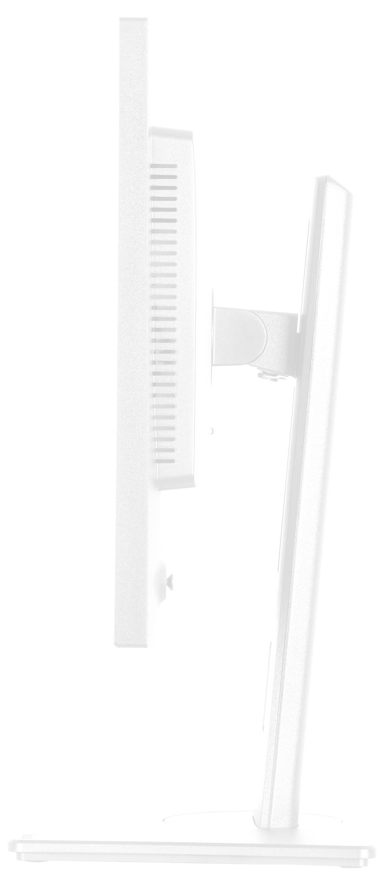 Seitenansicht eines schlanken Computermonitors mit seinem dünnen Profil, leichter Neigung auf dem Ständer und sichtbaren hinteren Belüftungsöffnungen.