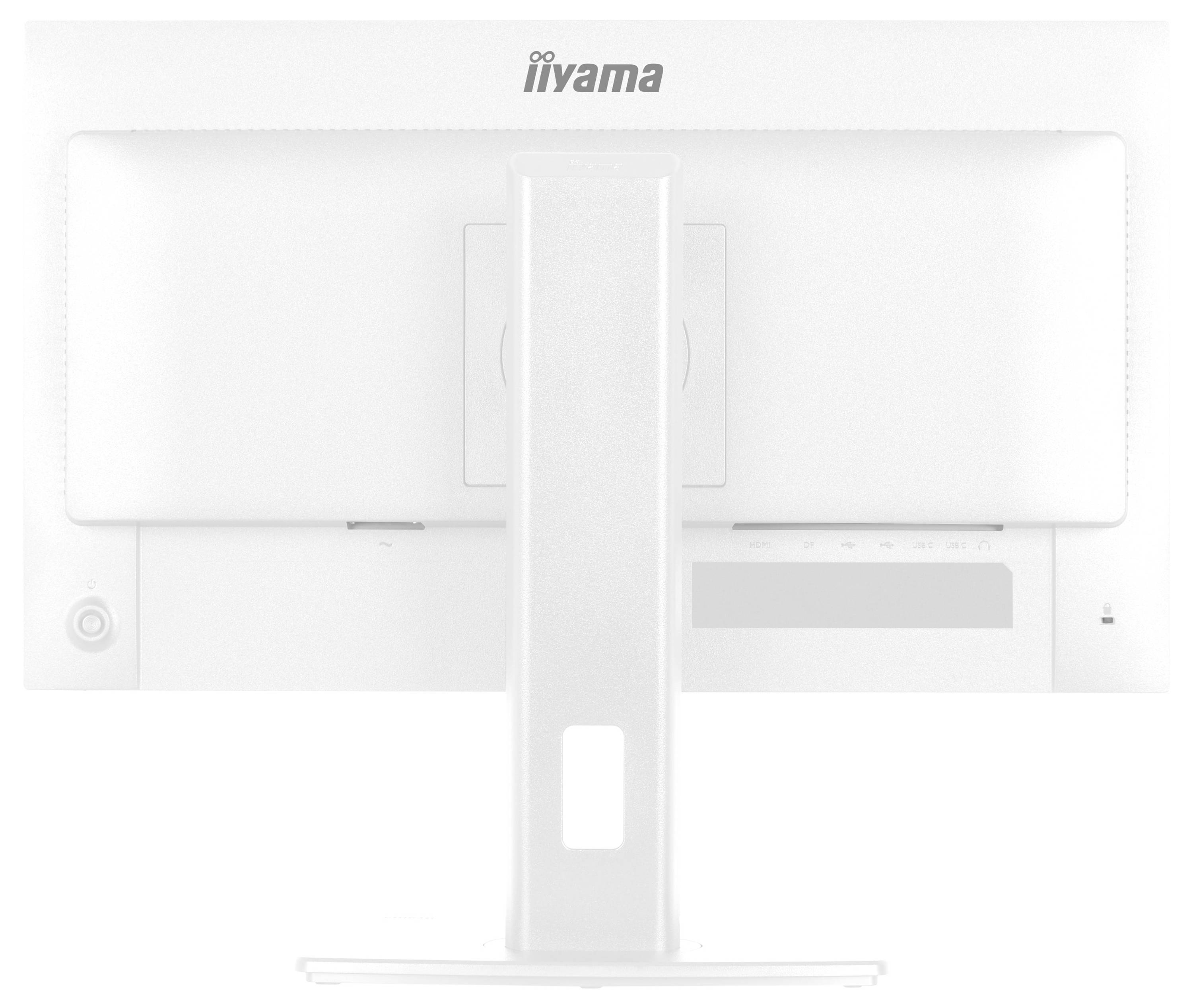 Das Bild zeigt die Rückseite eines schwarzen iiyama-Computermonitors mit einer rechteckigen Basis und Befestigungspunkten auf der Rückplatte.