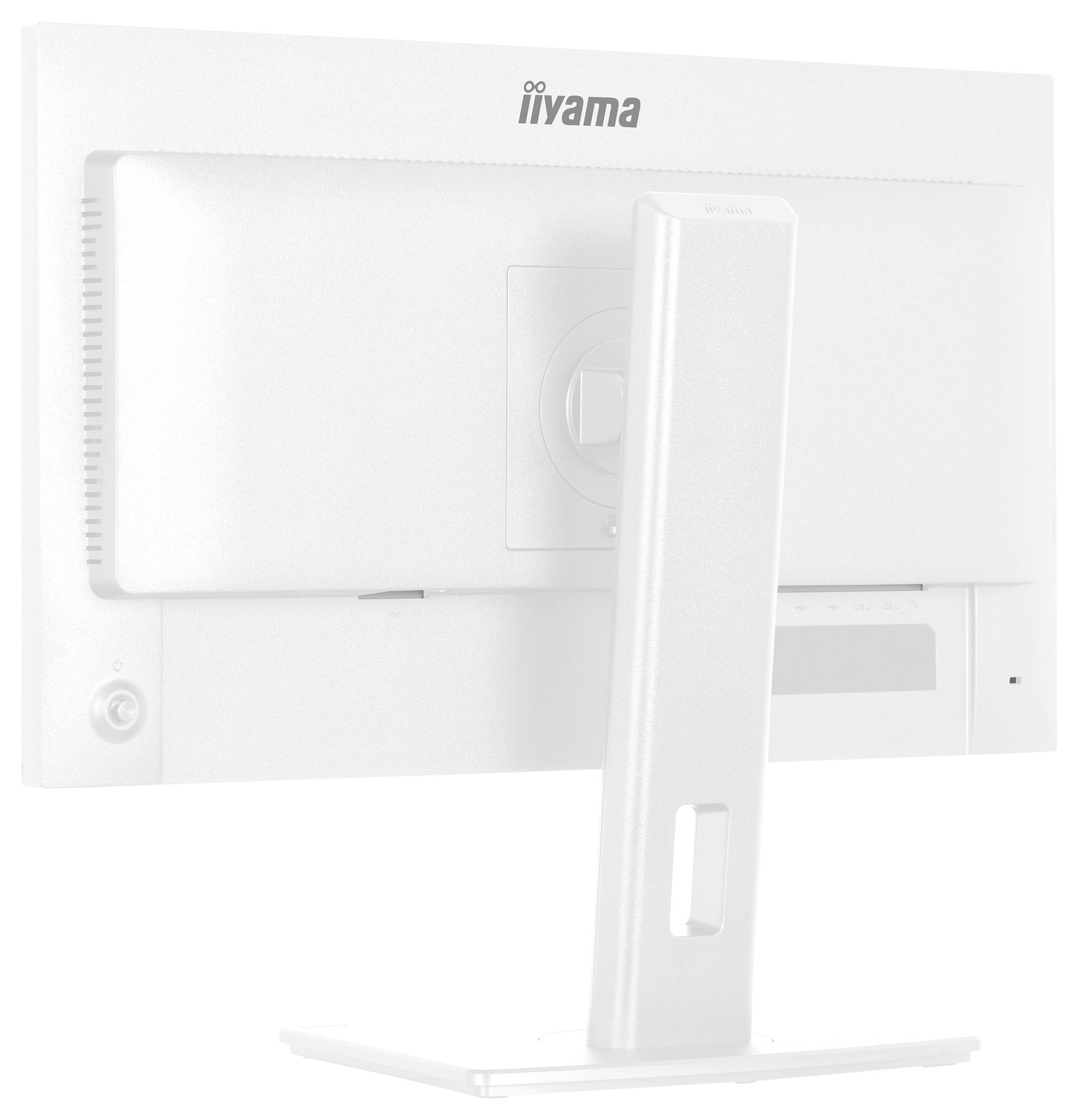 Ein weißer iiyama-Computermonitor von hinten betrachtet, mit einem rechteckigen Ständer und verschiedenen Anschlüssen.