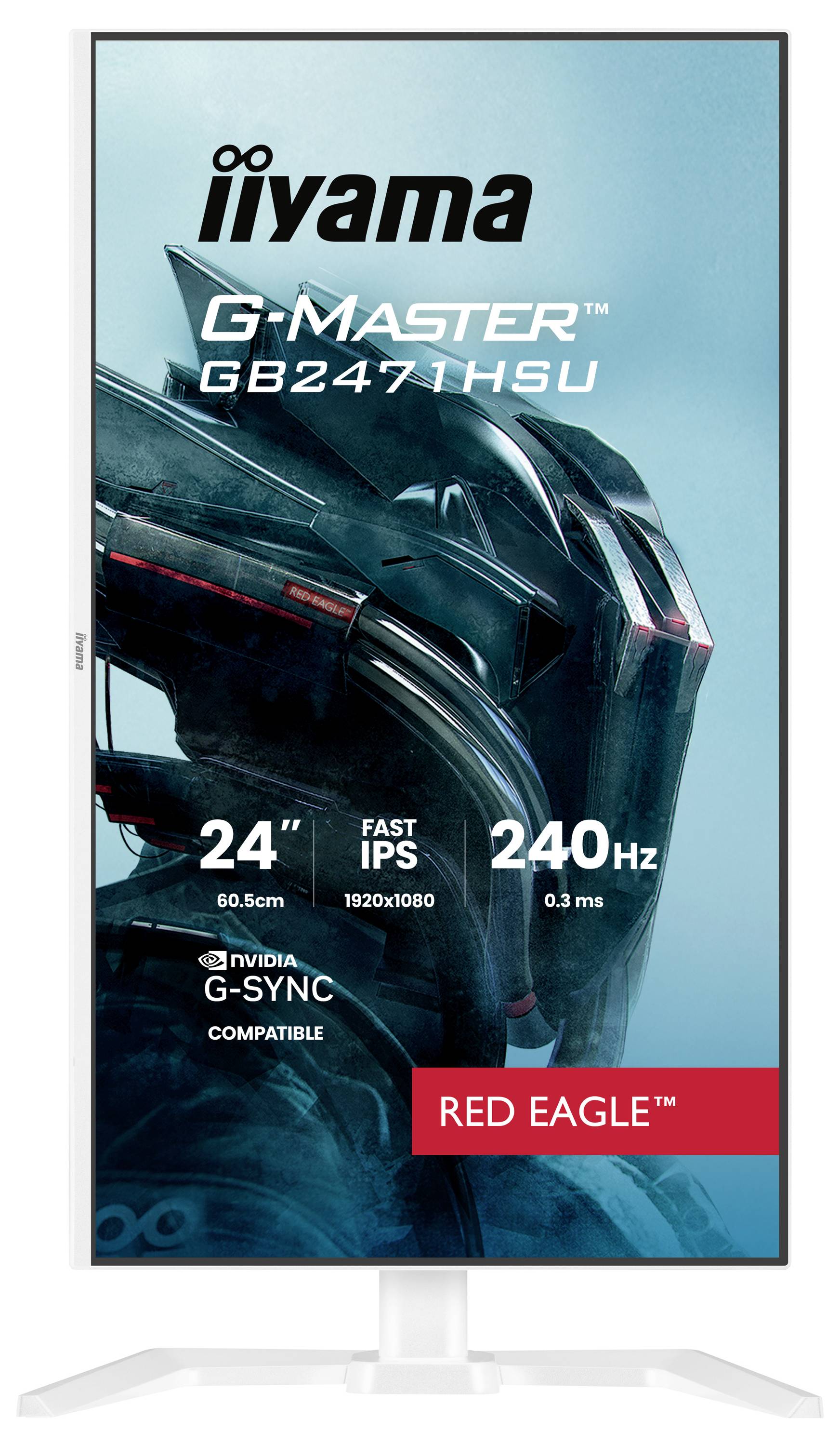 Die Abbildung zeigt eine Produktwerbung für den Monitor 'iiyama G-Master GB2471HSU' mit folgenden Merkmalen: 24