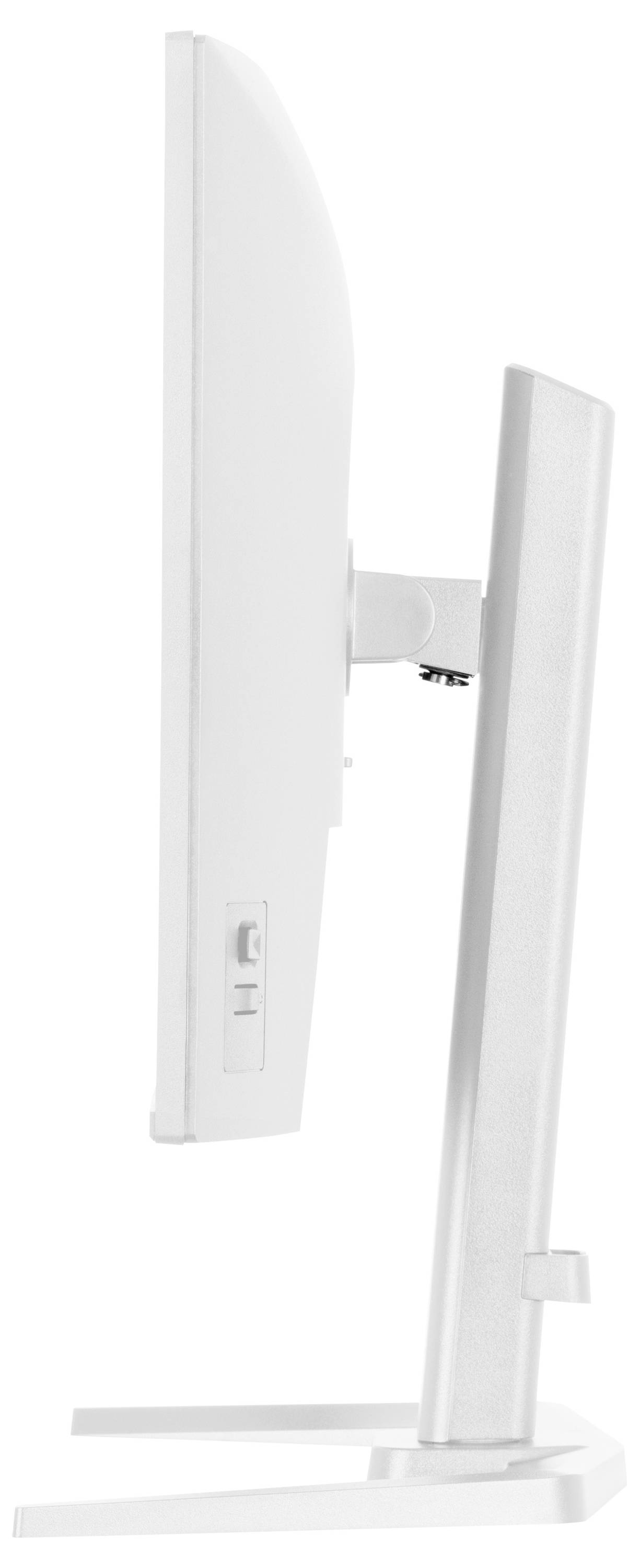 Seitenansicht eines weißen Computermonitors mit schlankem Ständer, der sein dünnes und elegantes Design hervorhebt.