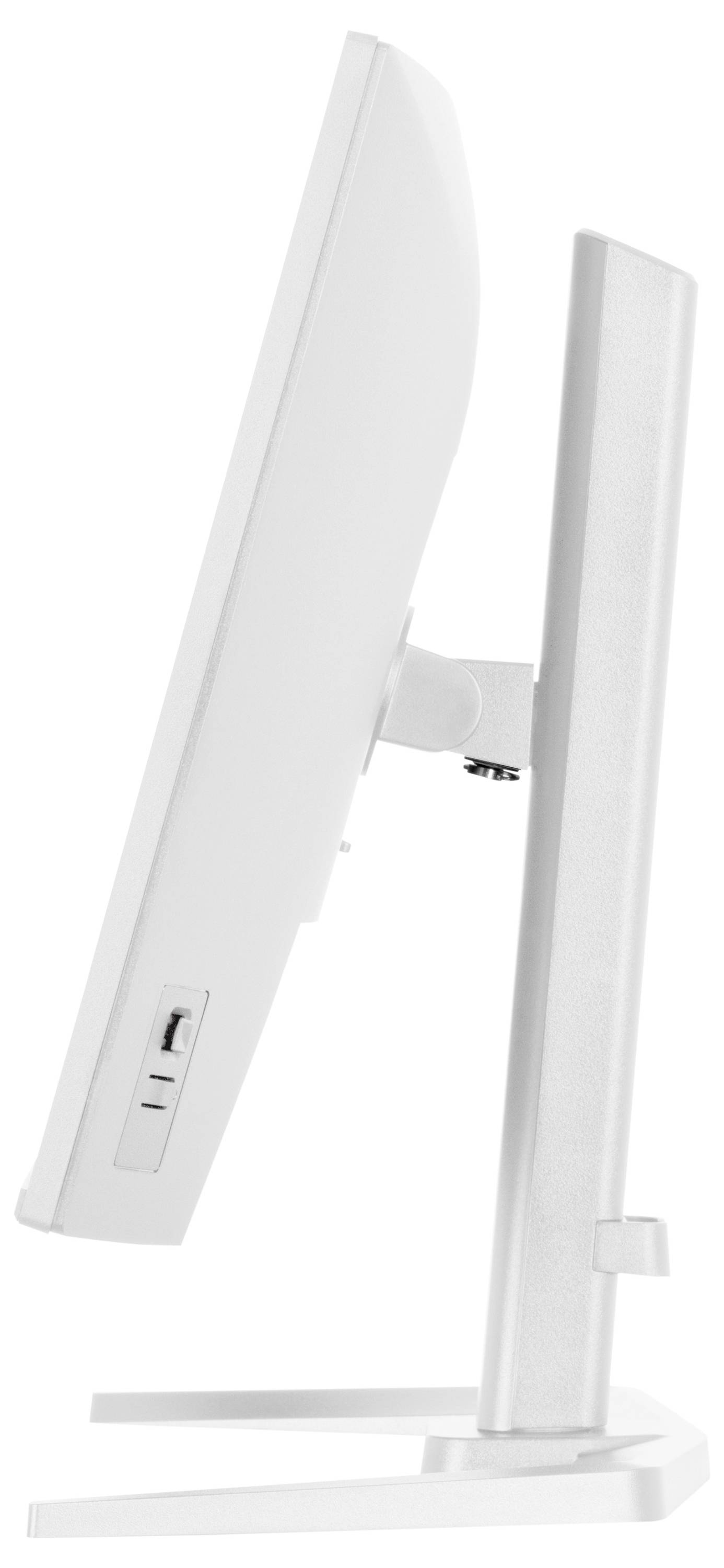Eine Seitenansicht eines modernen, schlanken weißen Monitors mit einem leicht nach vorne geneigtem Bildschirm, das seinen verstellbaren Ständer präsentiert.