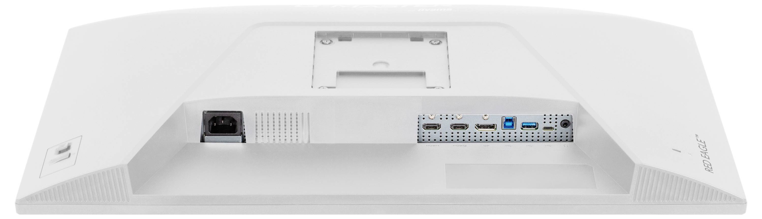 Rückansicht eines Computermonitors mit Stromeingang und verschiedenen Konnektivitätsanschlüssen einschließlich HDMI, DisplayPort und USB.