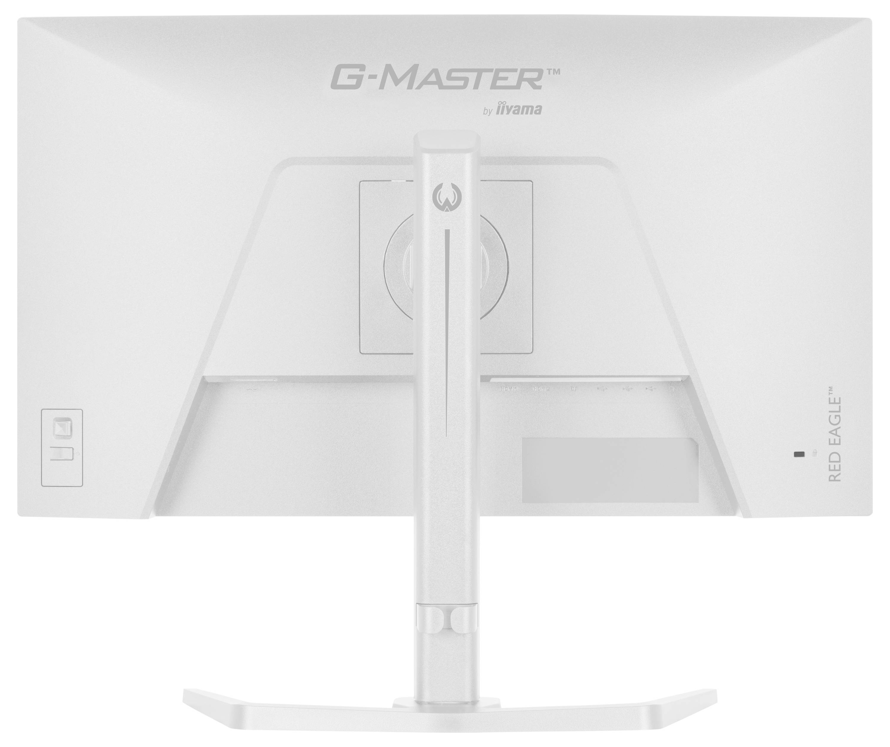 Weißer Computermonitor von hinten betrachtet, mit den Beschriftungen „G-Master