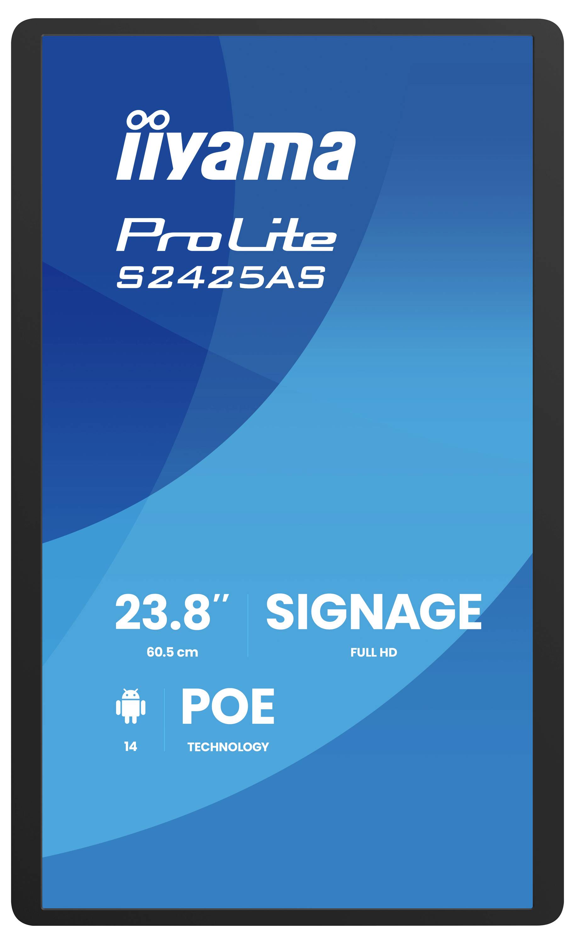 'Blaues digitales Anzeigedisplay mit iiyama ProLite S2425AS. Text: 23,8