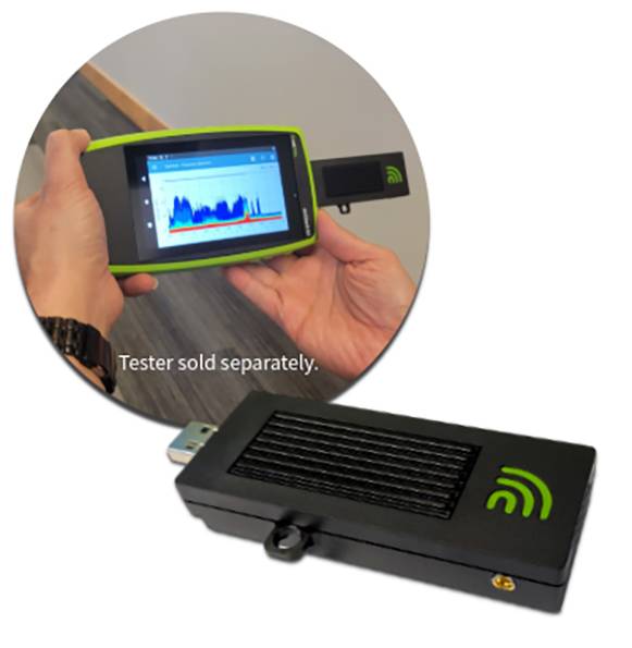 Hand holding a green device displaying a graph, linked to a black USB tester. Text reads 'Tester sold separately.'