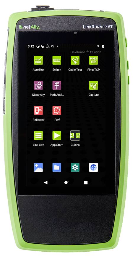 Handheld device with a touchscreen displaying icons for network testing, including 'AutoTest', 'Switch', and 'Cable Test'.